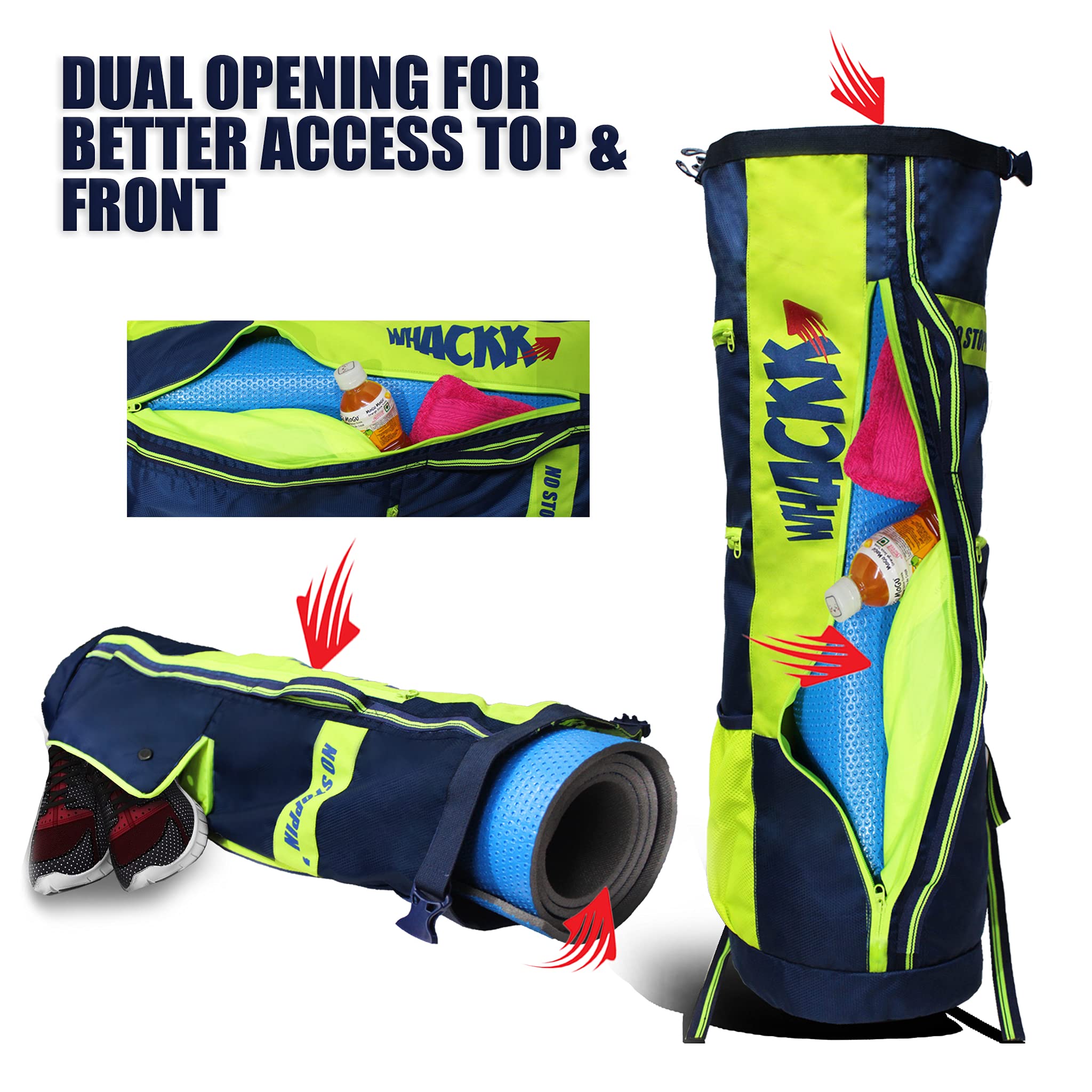 WHACKK Brute Unisex Yoga Aerobics Gym Mat Bags Air Ventilated Pocket for Shoes, Front & Top Open, Carry Way with 3-Way Options i.e. Backpack, Holdable or with a Loop (Navy Blue) 1
