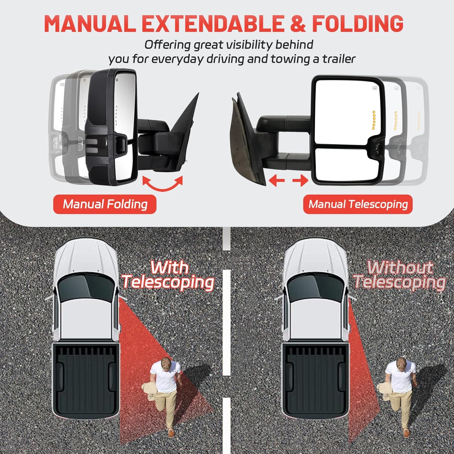 PZ Towing Mirrors Compatible for 2007-2014 Chevy Silverado(07 New Body) GMC Sierra Tahoe Yukon Avalanche Suburban 1500 2500 HD 3500 HD Power Heated Turn Signal Arrow Light Manual Folding Pair Black