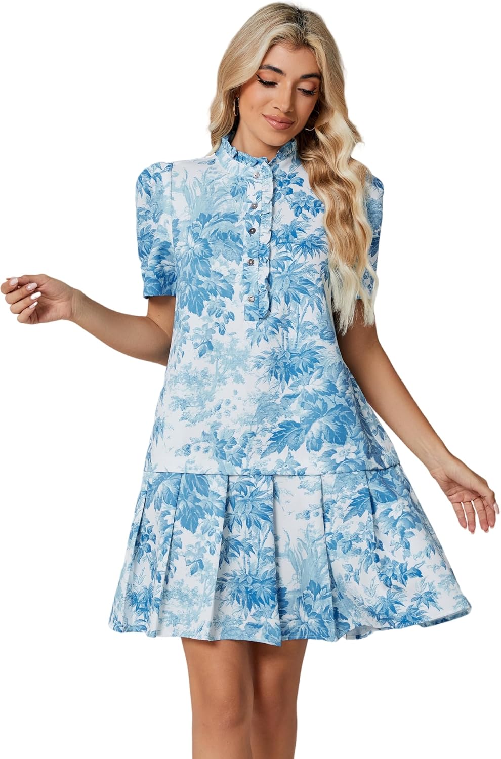Women Floral Mini Dress Short Sleeve Stand Collar Button Up Elegant Work Swing Short Pleated Dress