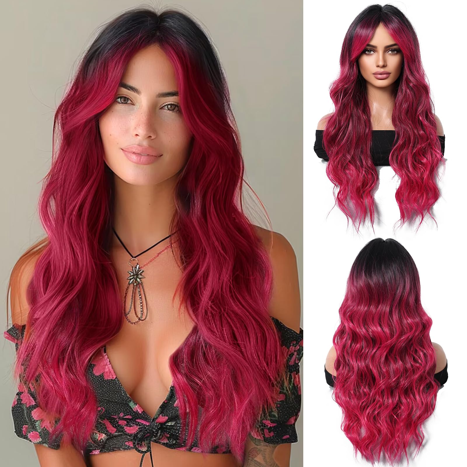 OUFEI Long Black with Green Highlights Wig With Bangs Natural Wavy Wigs for Women Natural Synthetic Hair Heat Resistant Wigs for Daily Party Cosplay Wear