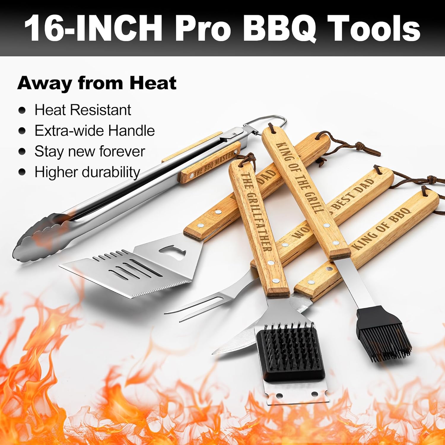 Dad Gifts from Daughter Son, Dad Grilling Birthday Gift Heavy Duty Wooden BBQ Grilling Accessories Kit for Backyard, Thick Stainless Steel Grill Utensils with Non-Slip Handle Tools in Portable Bag