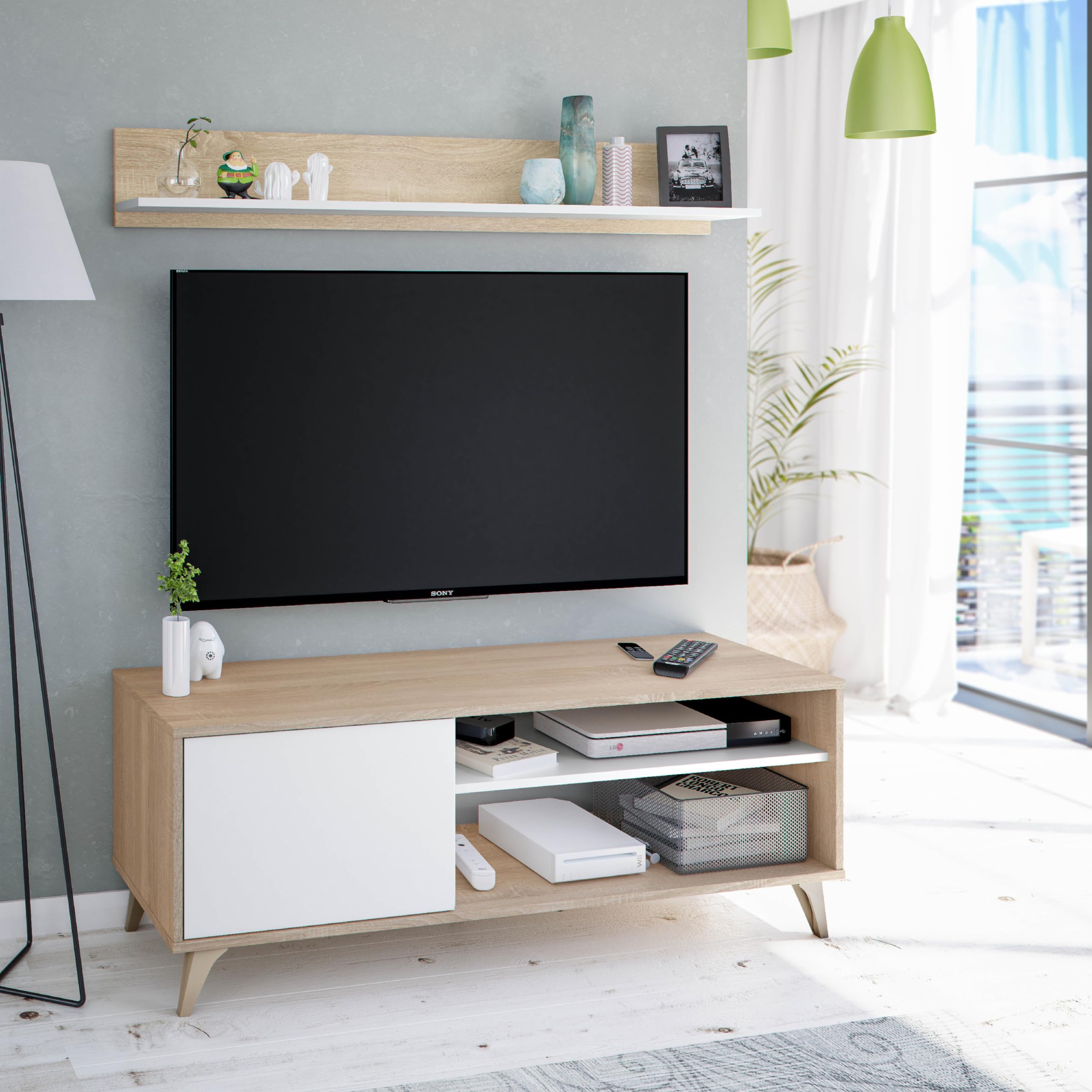 Habitdesign Modulo TV con Estante, Mueble de Salon, Juego de Muebles, Modelo Kikua Plus, Acabado en Blanco Artik y Roble Canadian, Medidas: 135 cm (Ancho) x 50 cm (Alto) 40 cm (Fondo)