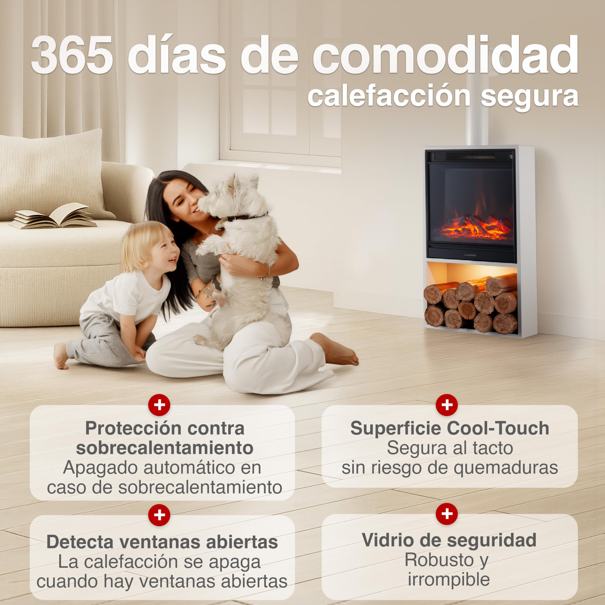 KAMINIO Chimenea eléctrica Hugo con Tubo de Chimenea - Estufa de Chimenea con calefacción, Efecto Llama 3D, Luz Ambiental LED, Compartimento de Madera, Control Remoto (Blanco)