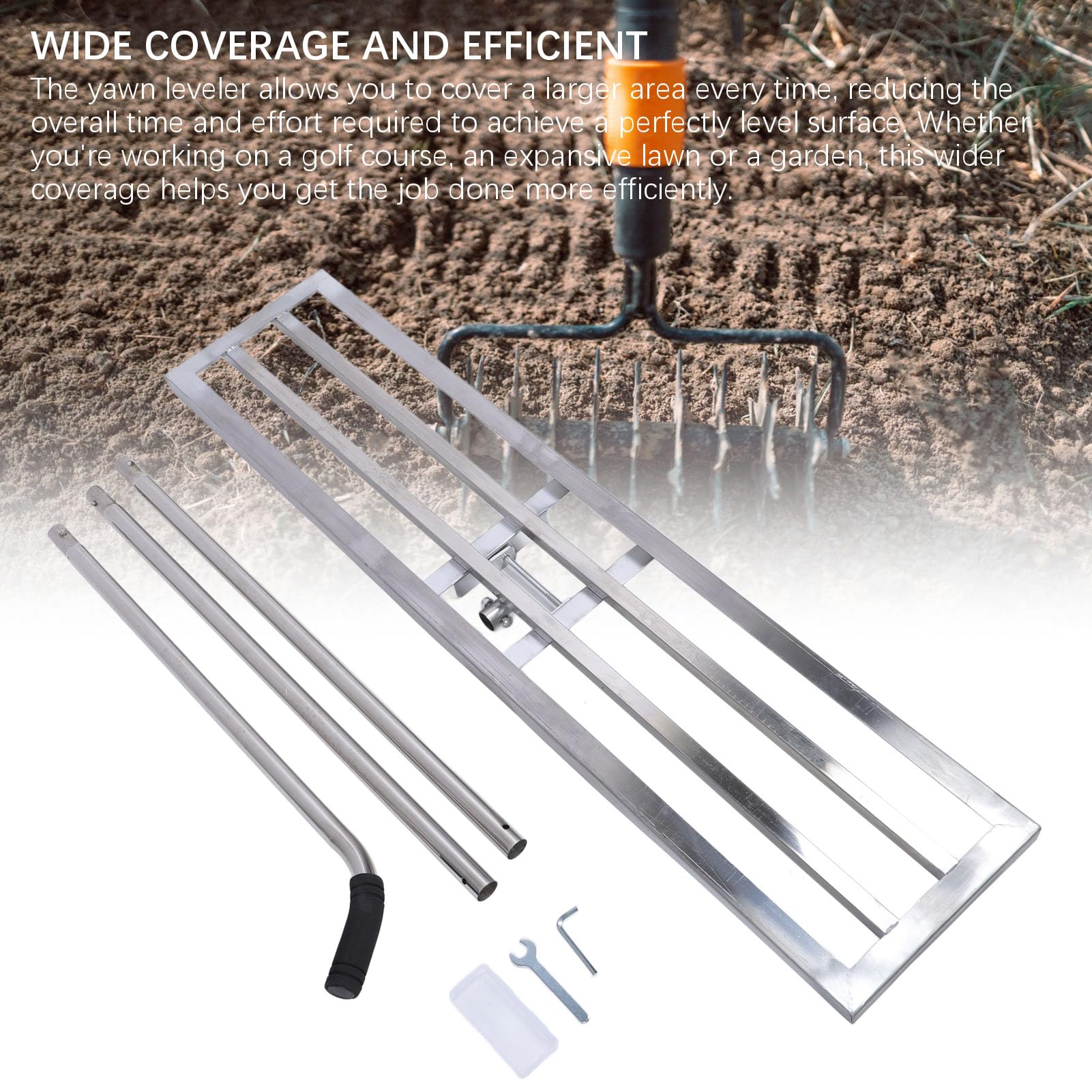 Rastrillo nivelador de césped de acero inoxidable, promueve el crecimiento del césped, permite cubrir un área más grande cada vez, herramienta de mantenimiento del césped para patio, jardín