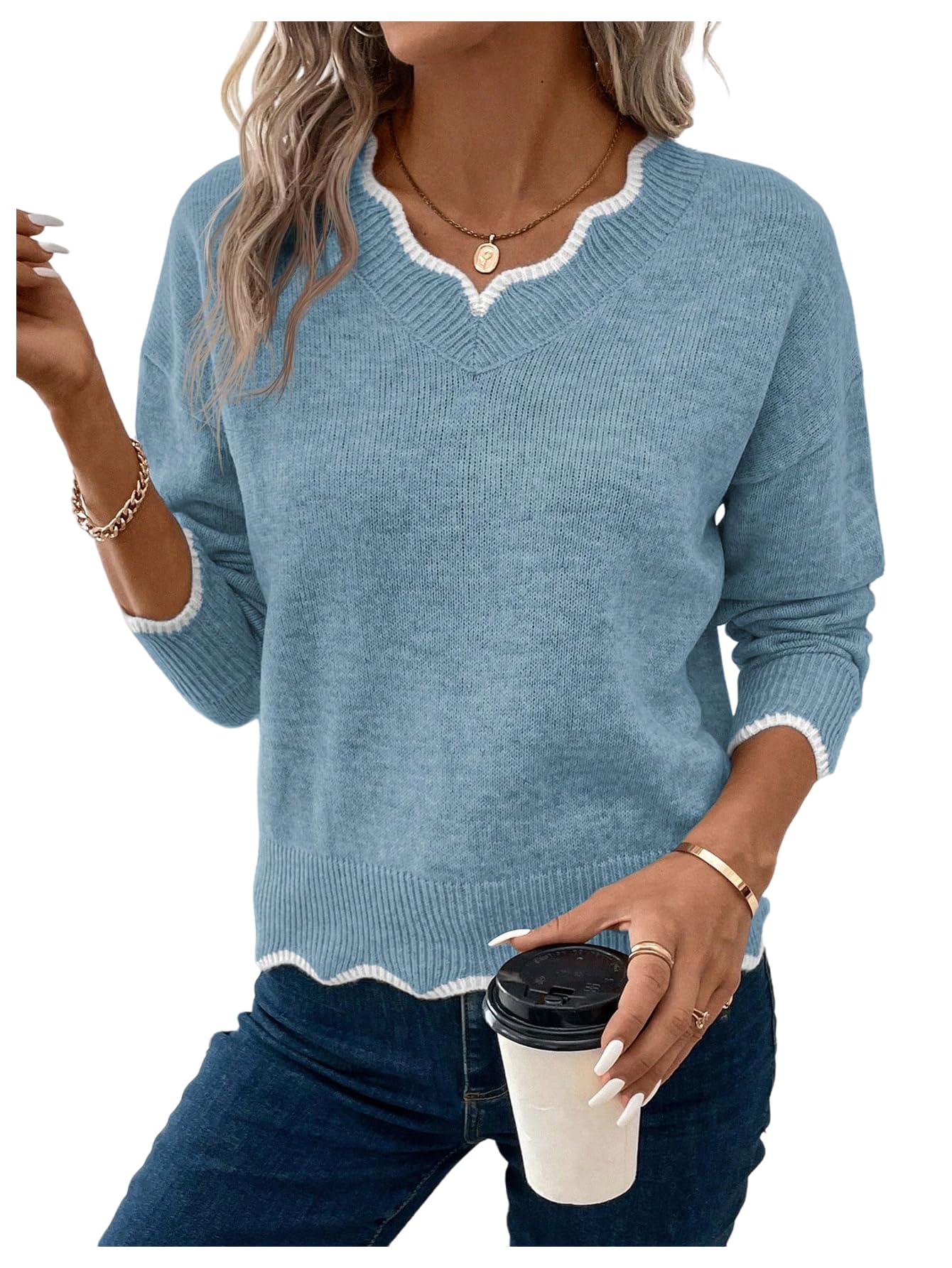 SOLY HUX Womens V Neck Sweater Long Sleeve Drop Shoulder Scallop Knit Pullover Jumper Tops