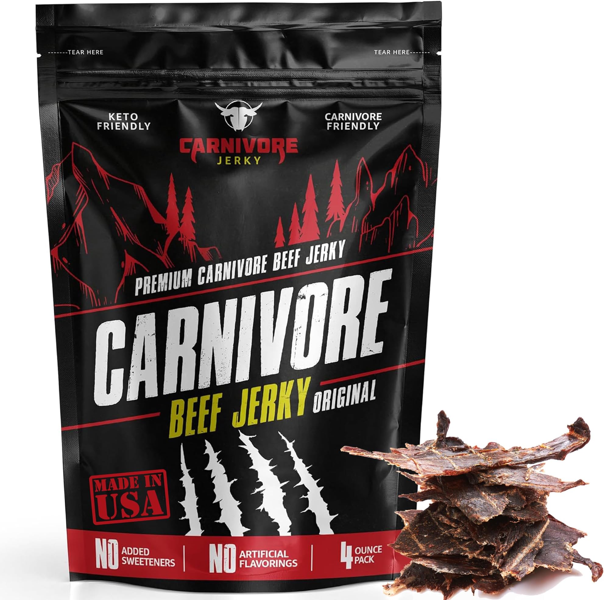 Carnivore Jerky | Grass Fed Beef Jerky - 3 Simple Ingredients - All Natural Carnivore Diet Snack - Sugar Free Keto Friendly Protein - Made with Bone Broth & Sea Salt
