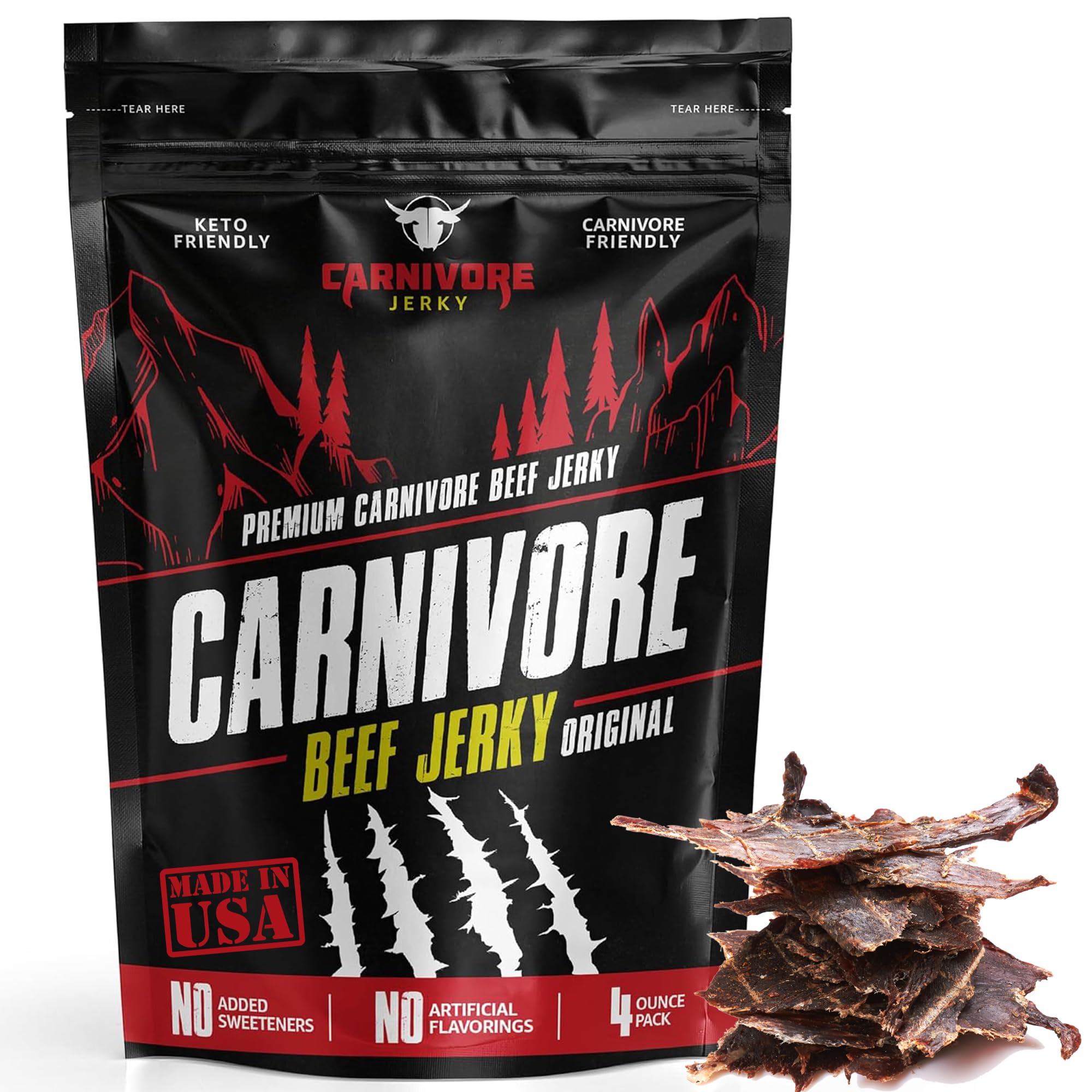 - Carnivore Electrolytes Beef Jerky - High Protein Premium 3-Ingredient Jerky Snacks - Keto-Friendly and Sugar Free Recipe Made with Grass Fed Beef, Bone Broth and Sea Salt - 4 Ounce Snack Pack