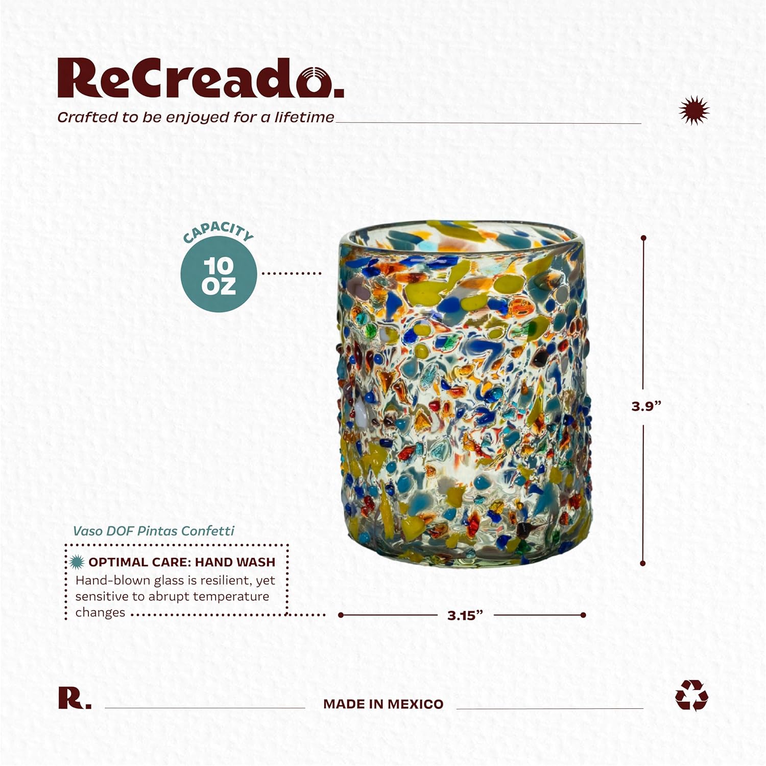 Confetti Dots Hand Blown Tumbler Glasses - 100% Recycled Mexican Glassware - Artisan Crafted Drinking Glasses for Cocktails, Wine, Tequila, or Water - Set of 6 (10 oz)