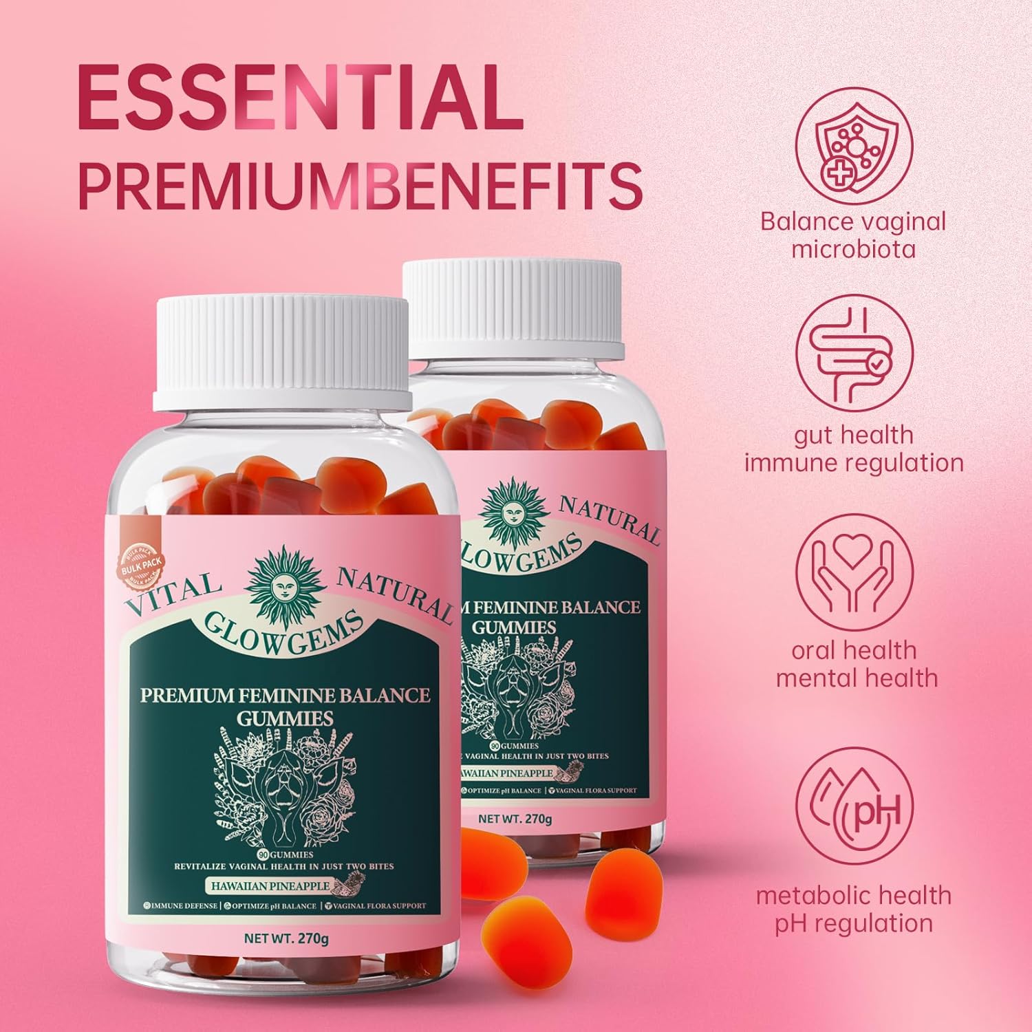 Premium Feminine Balance Gummies for Women - pH Balance & Wellness Support with Hawaiian Pineapple, Vegan Gluten-Free Supplement Vaginal Probiotic 90 Count