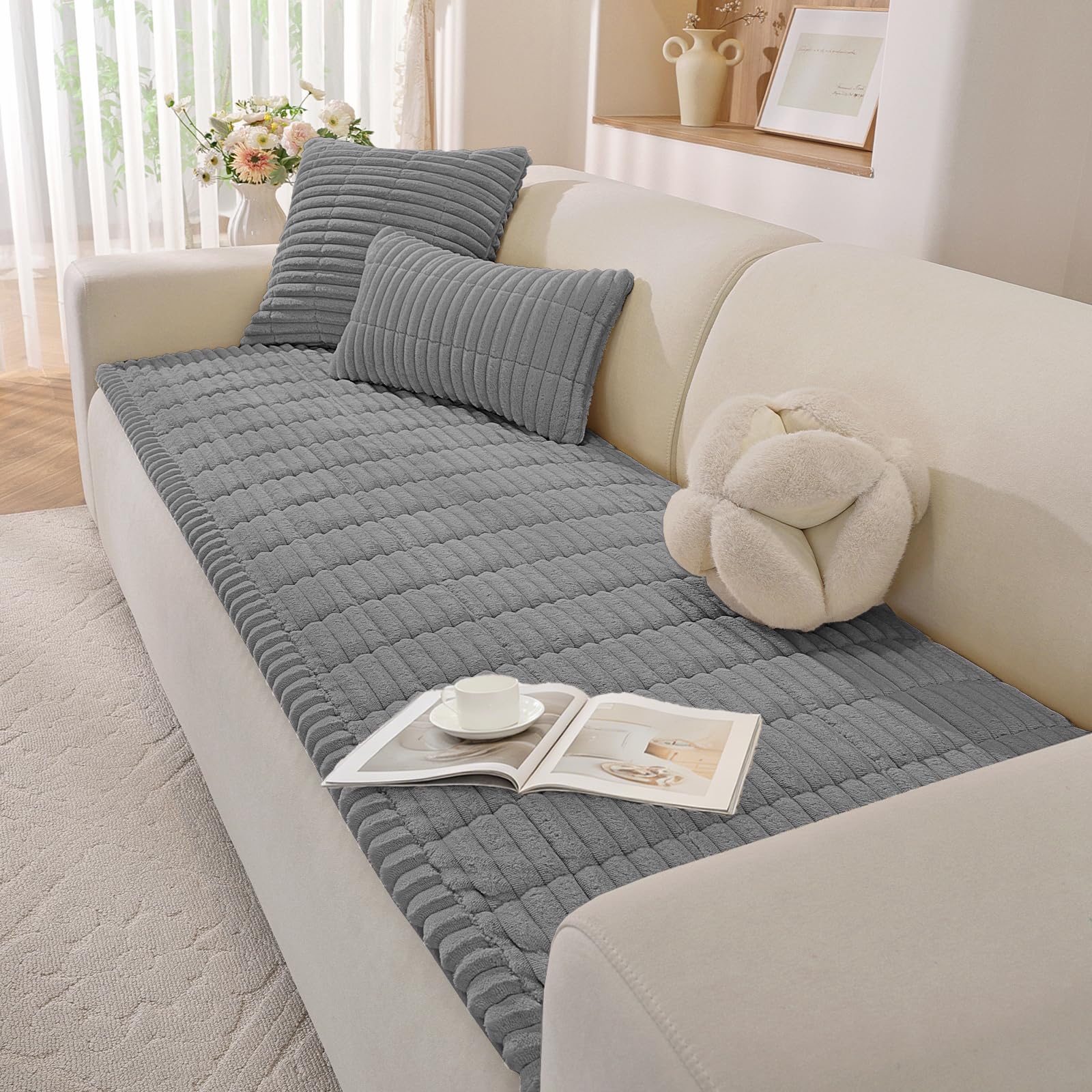 XINEAGE Thick Sofa Covers Washable, Soft Flannel Sofa Cover 2 3 4 Seater, Fuzzy Sofa Slipcovers Non-Slip, Couch Seat Covers Furniture Protctors for Dogs, Pets (70x150cm, Dark Grey)