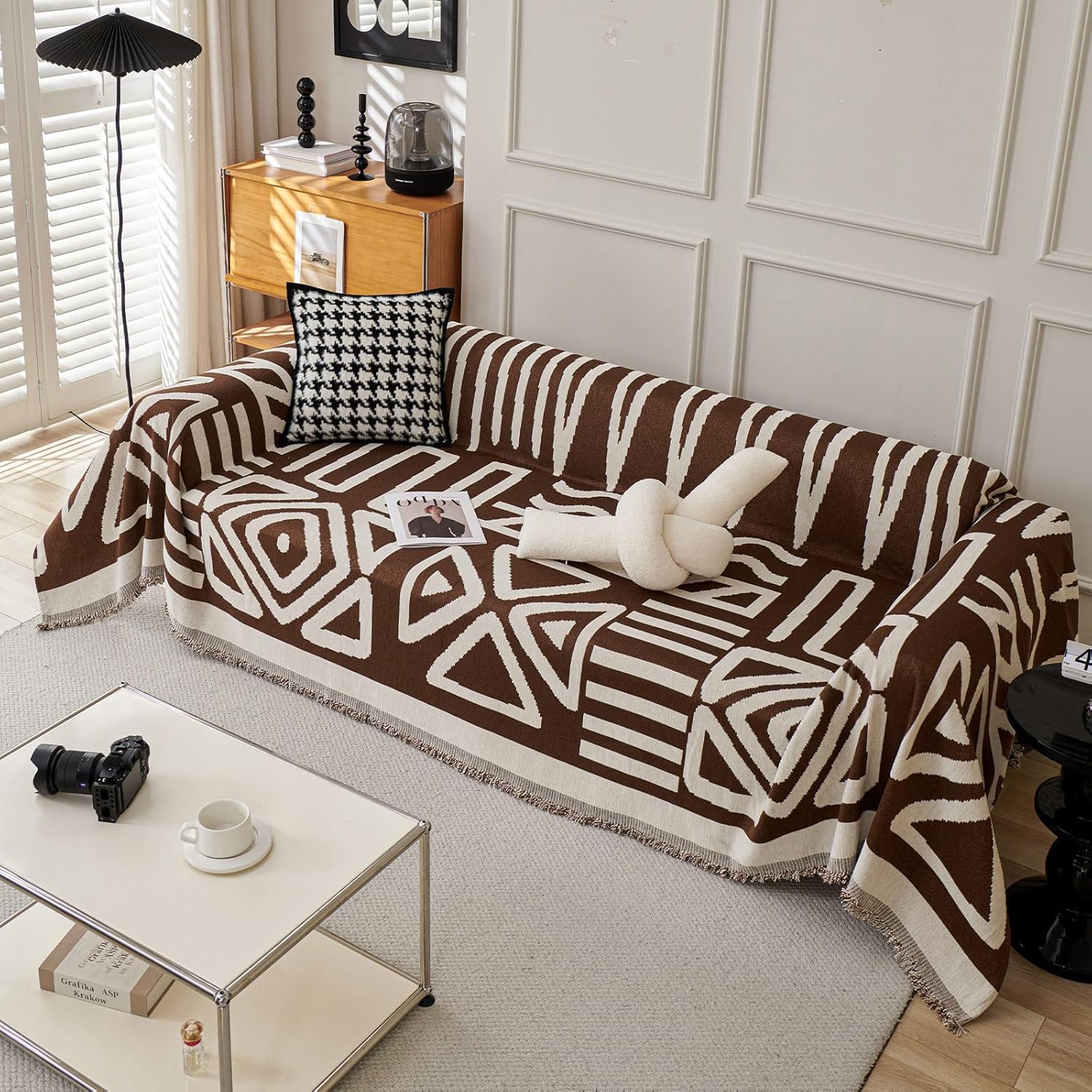 VClife Cozy Chestnut Brown White Geometric Tribal Couch Cover for Sofa Bohemian Sofa Cover for 2 Cushion Couch Sofa Anti Slip Washable Couch Cover Slipcover Decorative Furniture Protector 91''x118''