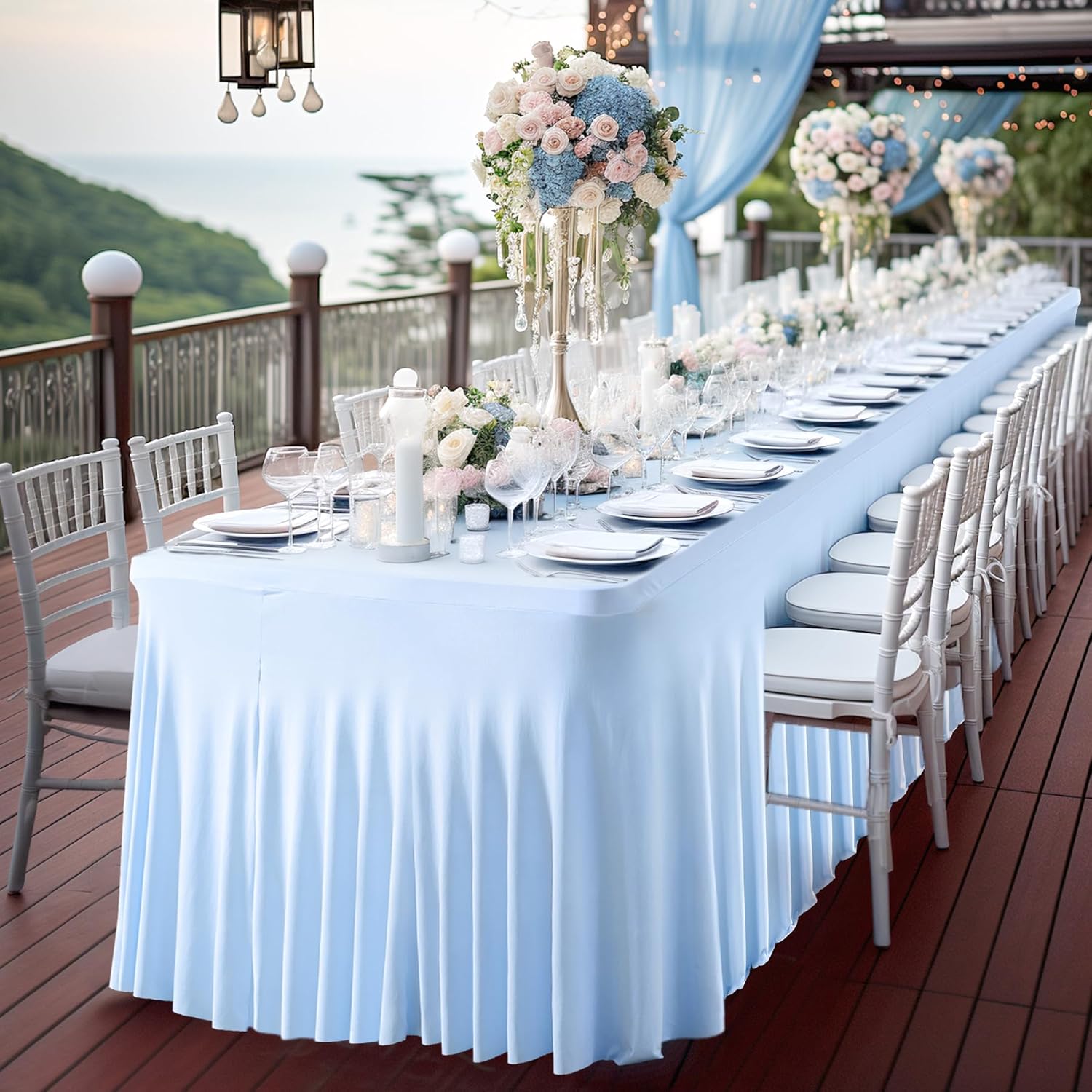 PARTISKY Blue Spandex Tablecloth for 4ft Rectangle Tables, Stretchable Table Cover Skirt for Folding Tables Weddings Parties Banquets Events Trade Shows and Dessert Table