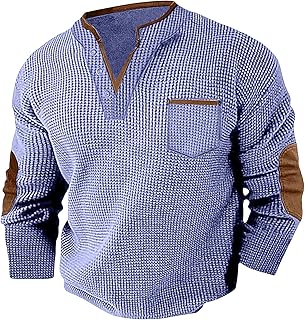 Mens Waffle Sweatshirt Long Sleeve Casual Stand Collar Thermal Henley Pullover Stylish Warm Cozy V Neck Polo Shirts