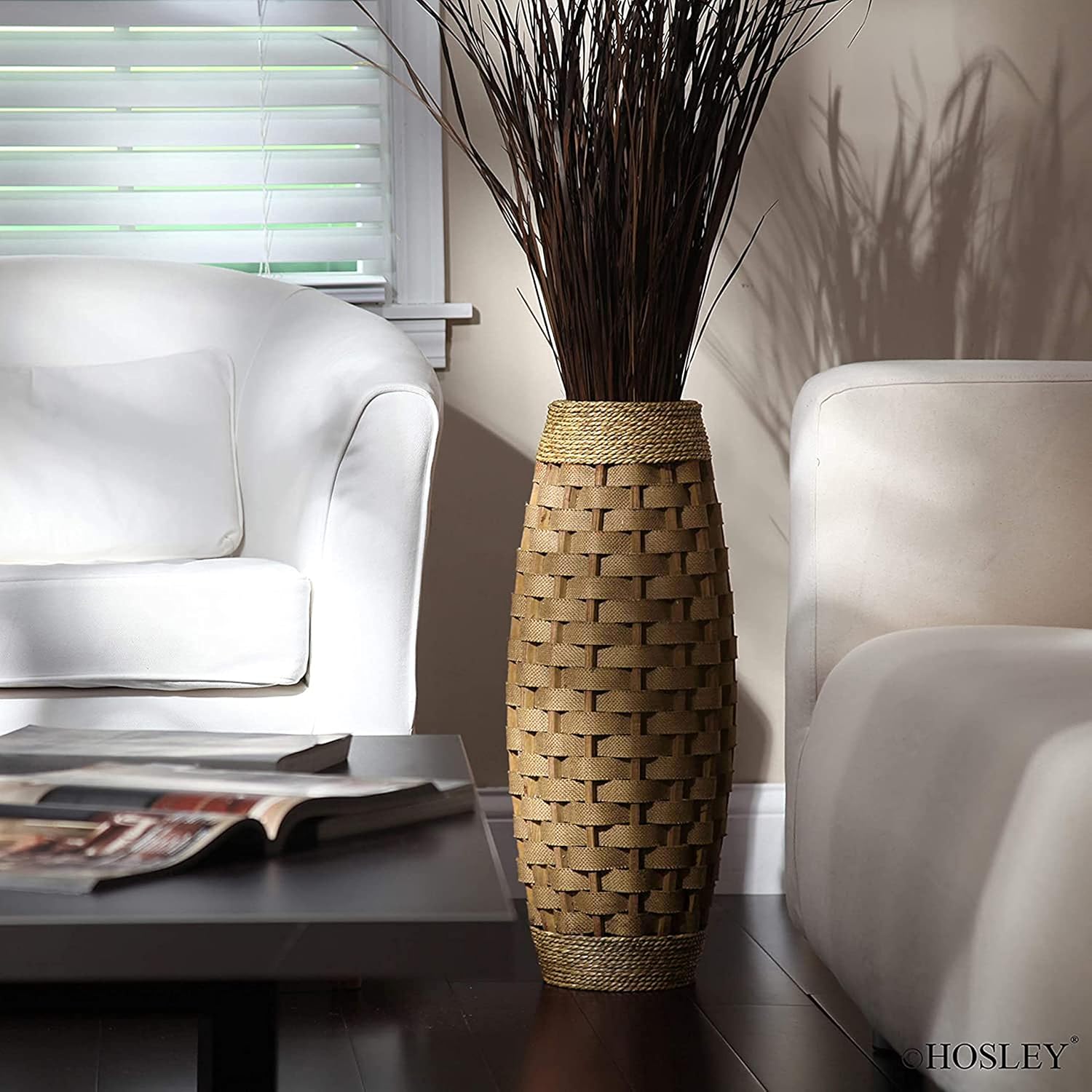 Hosley 24” Tall Woven Floor Vase – Natural Wood & Grass Decorative Vase for Home Décor, Floral Arrangements, Entryway, Living Room