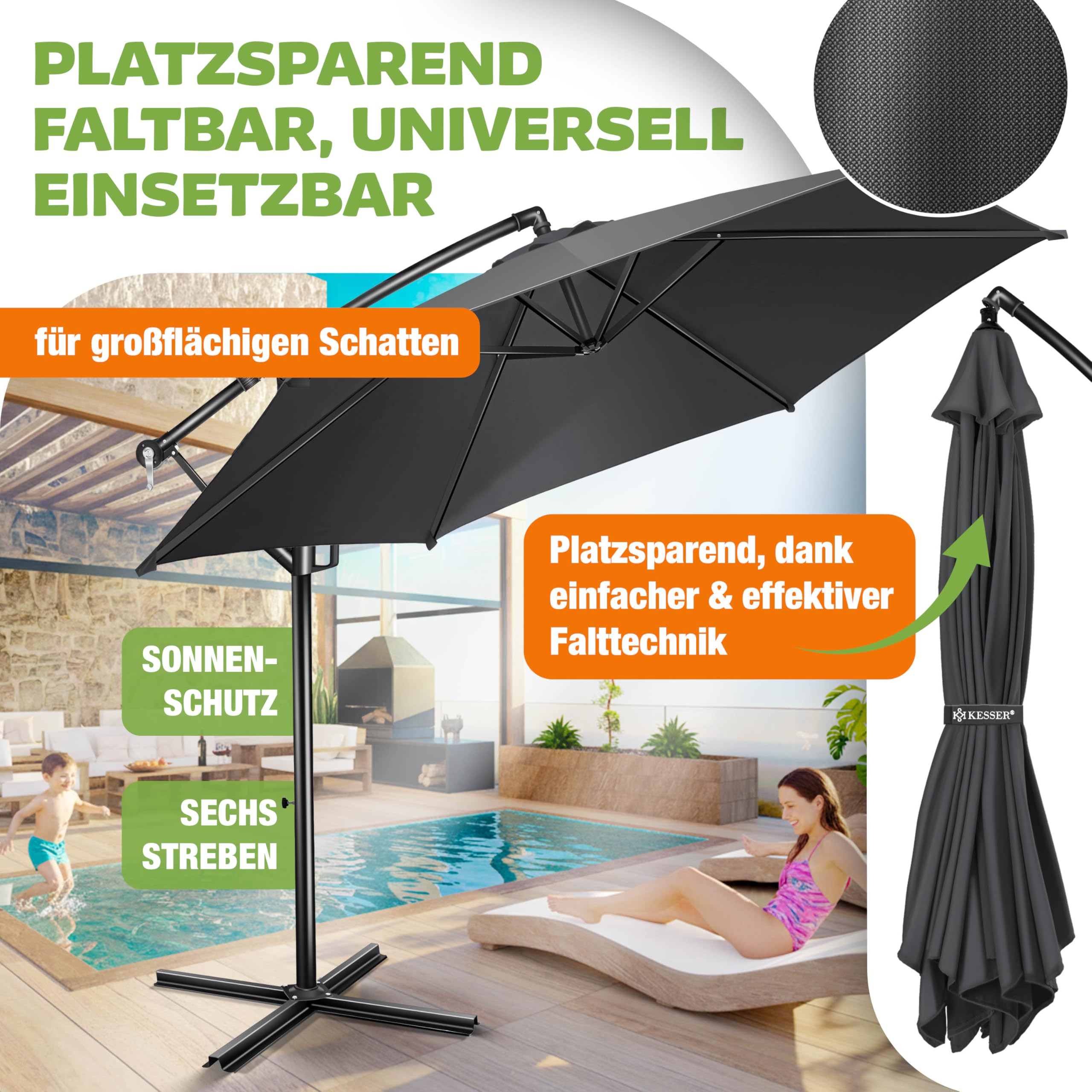 KESSER® Sonnenschirm Ø 350 cm, Ampelschirm mit Kurbel, für Balkon, Terrasse & Garten, Sonnenschutz, Gestell & Ständer aus Alu, UV-Schutz, wasserdicht + Windfest, 360° Funktion + Schutzhülle, Anthrazit