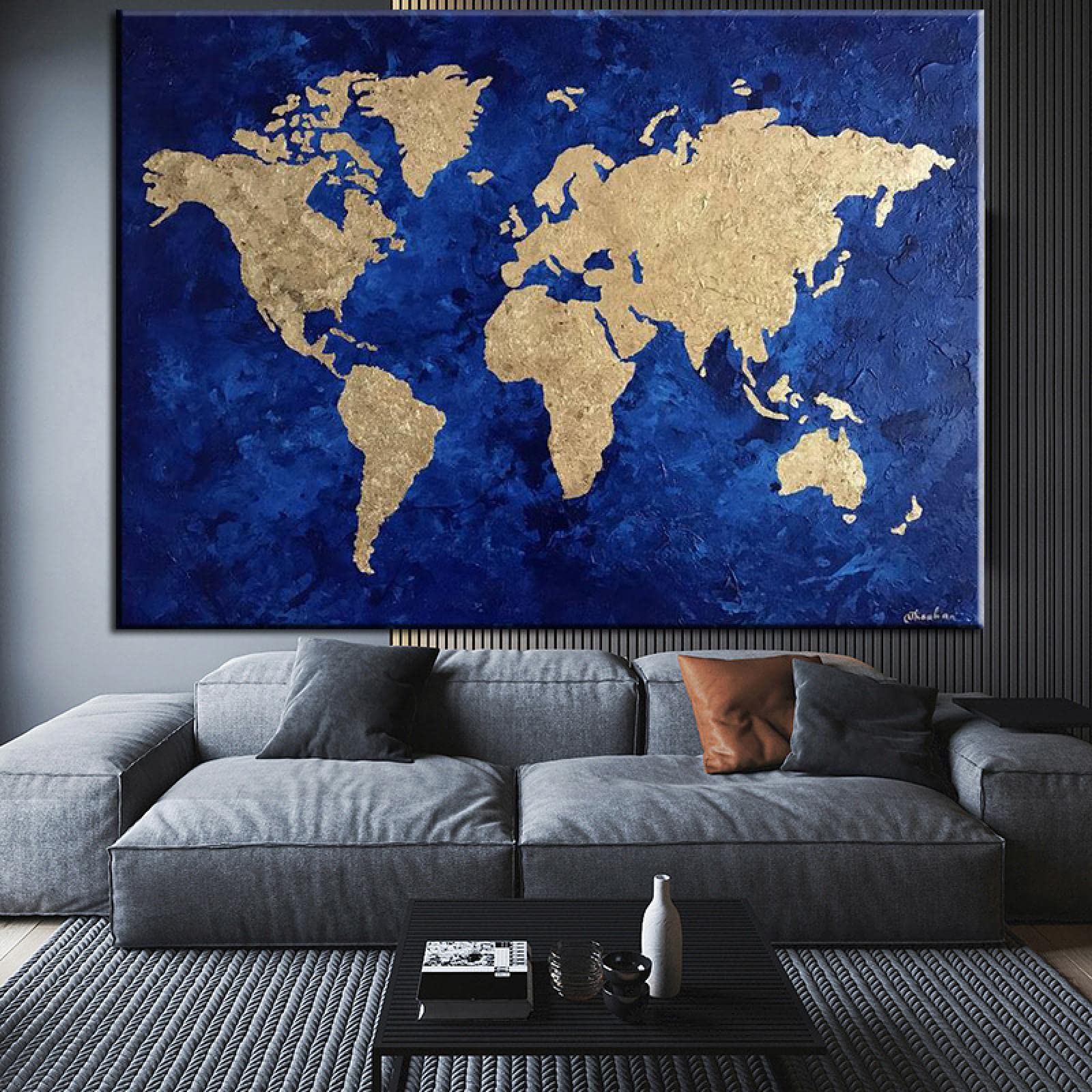 RVCKVS Abstrakt Blau Gold Weltkarte Gemälde Leinwanddruck Weltkarte Poster Wandkunst Bild Klassenzimmer Kinder Schule Büro Dekor 70x110cm Rahmenlos
