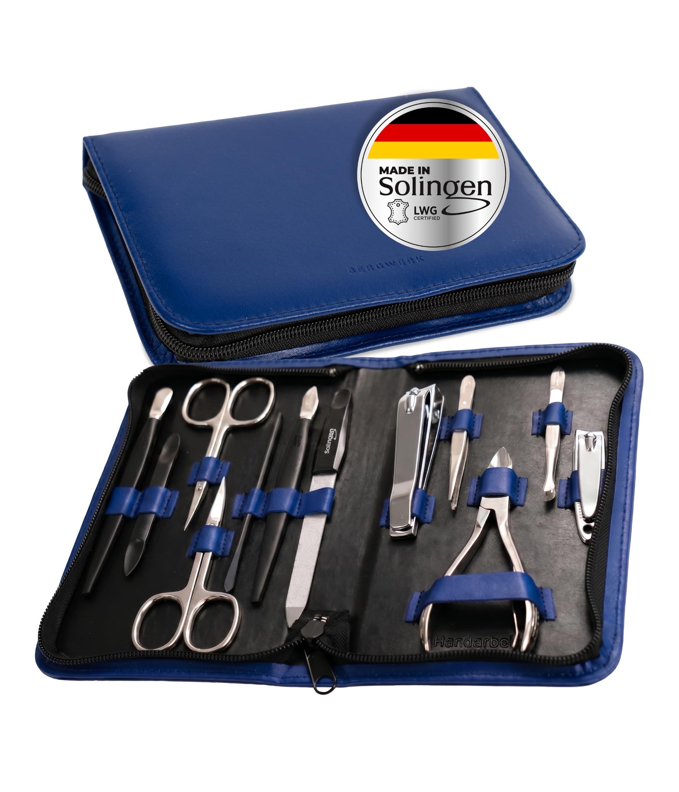 Solingen Reissverschlussetui Blau 12-teilig – Maniküre Set aus LWG Leder, präzise Nagelpflege – für Damen & Herren – Nageletui – Made in Germany