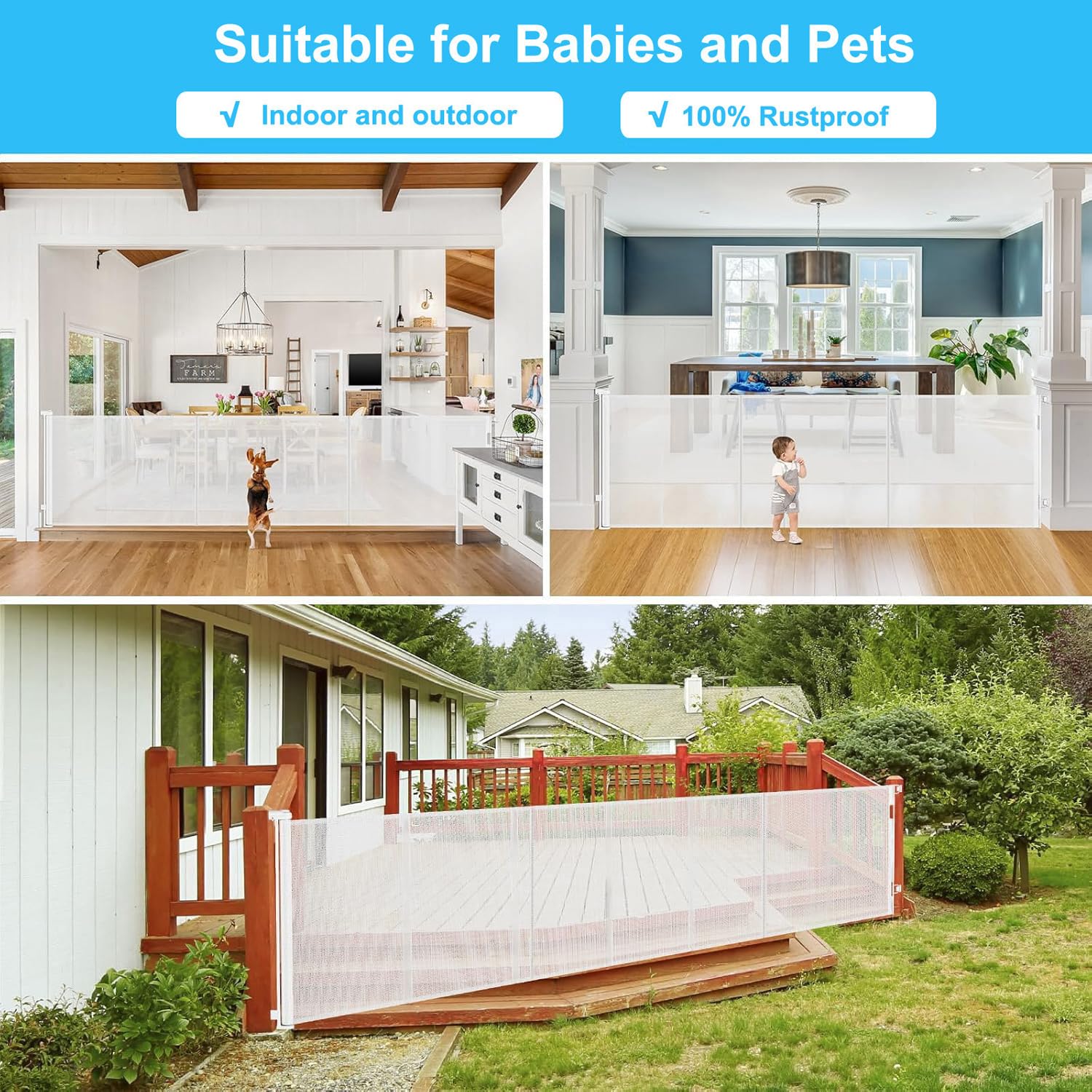 Barrera protectora para escaleras, extensible, 500 cm, 86 cm de alto, barrera para perros, manejable con una sola mano, rejilla de seguridad para perros, para escaleras, puertas, interiores y
