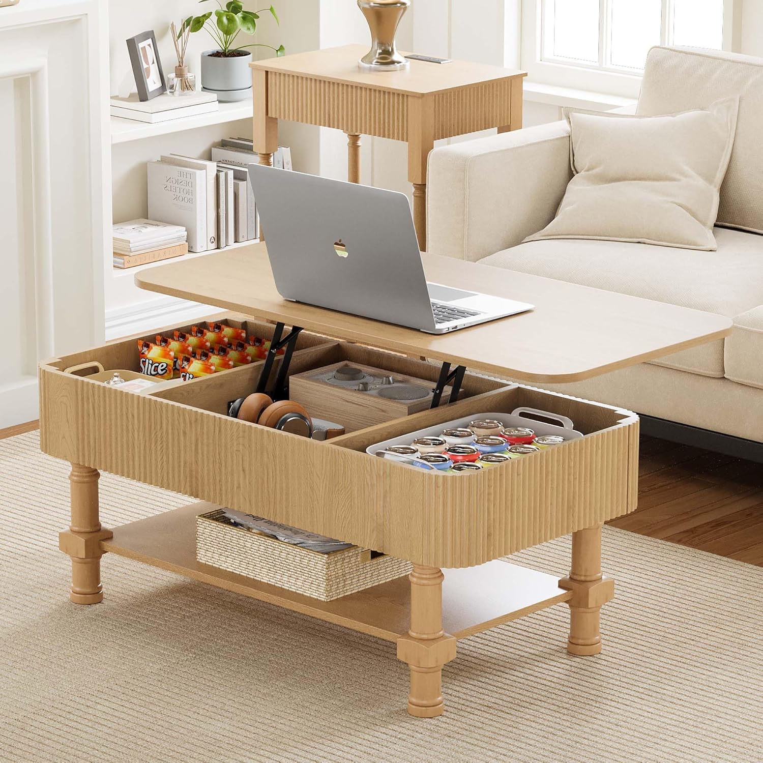 Fluted Coffee Table, Lift Top Coffee Table with Hidden Compartments & Storage Shelf, Mid Century Modern Rising Dining Center Tables for Living Room Office Small Space,Pre-Built (Natural)