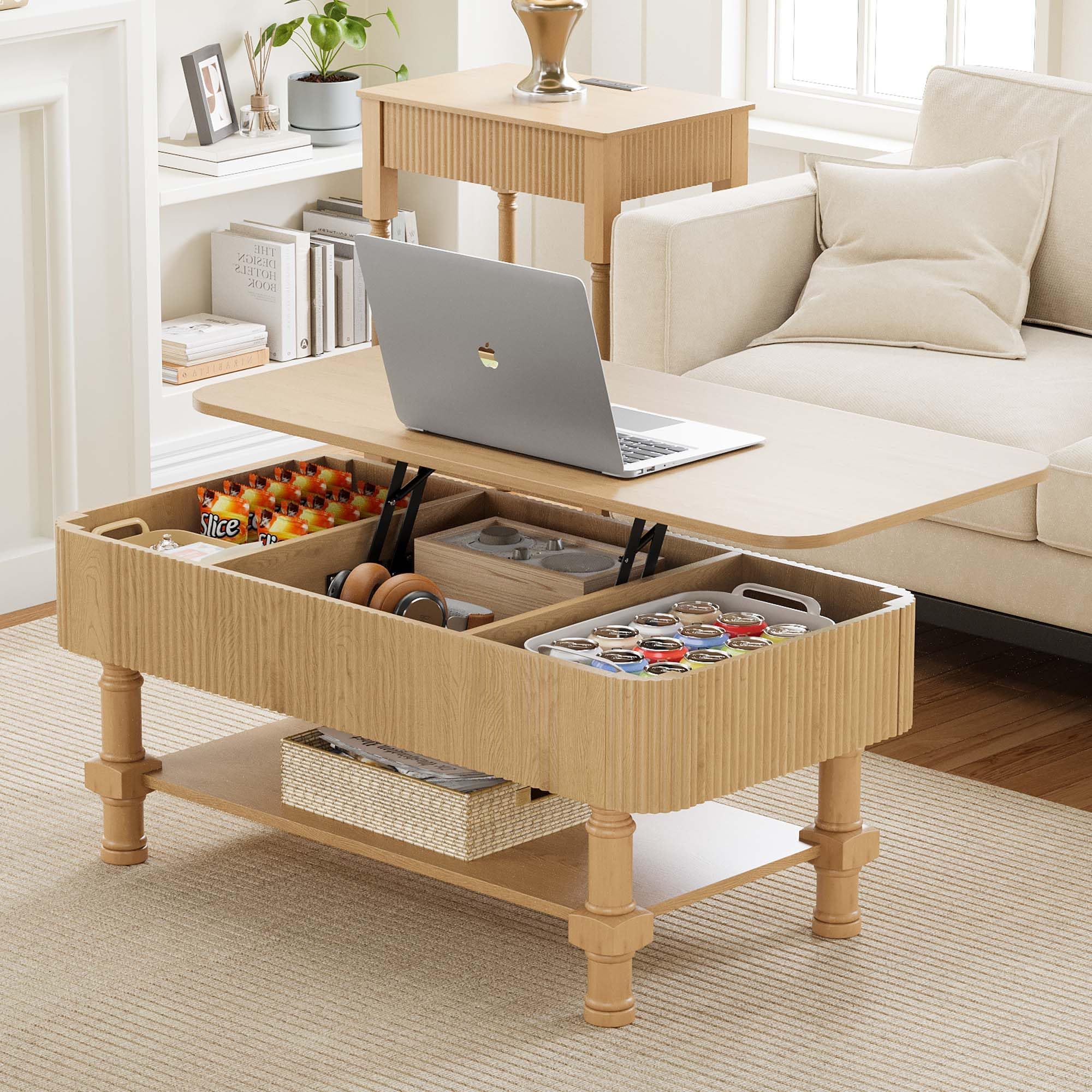 Fluted Coffee Table, Lift Top Coffee Table with Hidden Compartments & Storage Shelf, Mid Century Modern Rising Dining Center Tables for Living Room Office Small Space,Pre-Built (Natural)