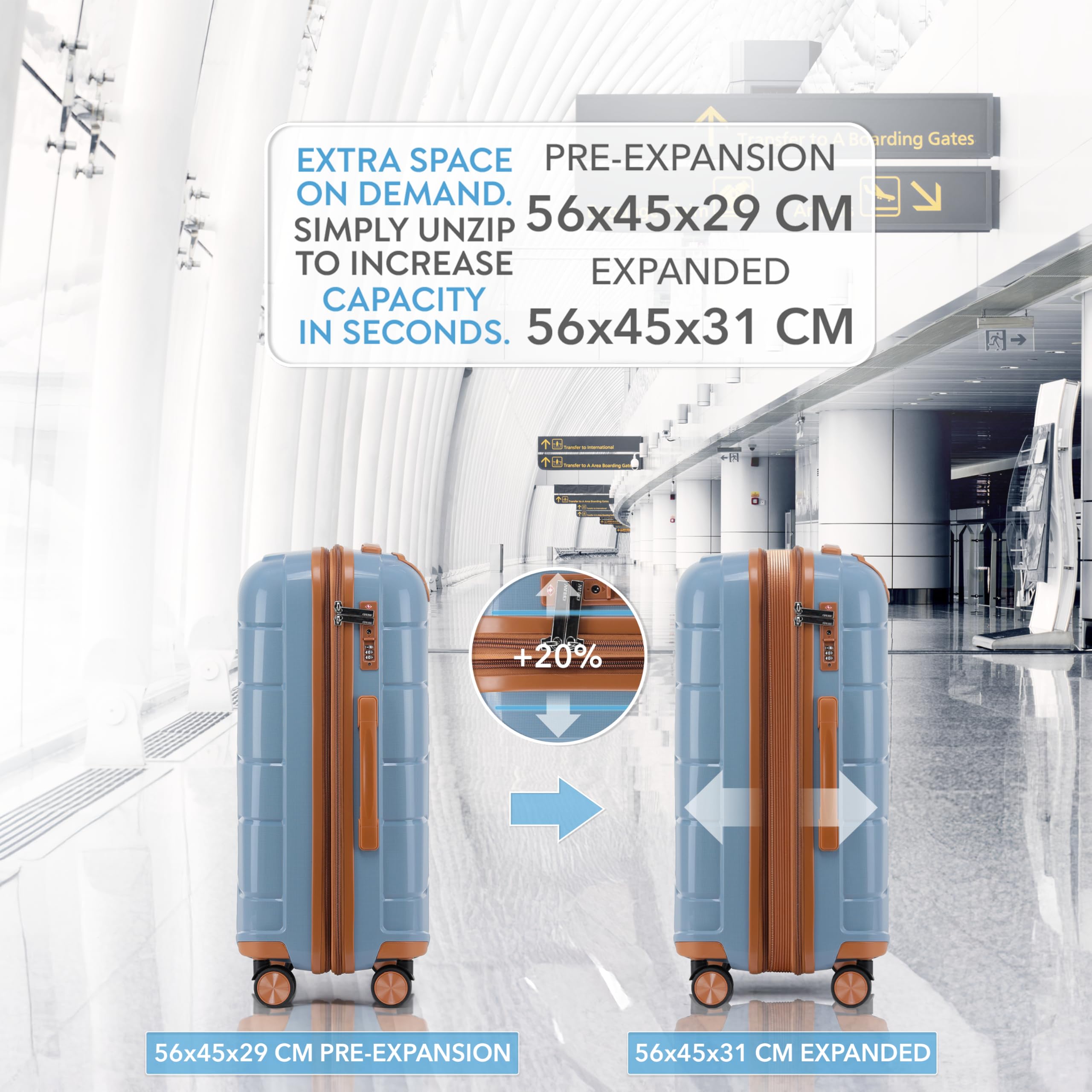 CRUW Medium 24" Checked Luggage 56x45x29cm + Expandable Hold Baggage (64/80 Liters) Polypropylene Suitcase TSA Approved Lock 8 Silent Spinner Wheels Lightweight Suitcases Airline-Approved Travel