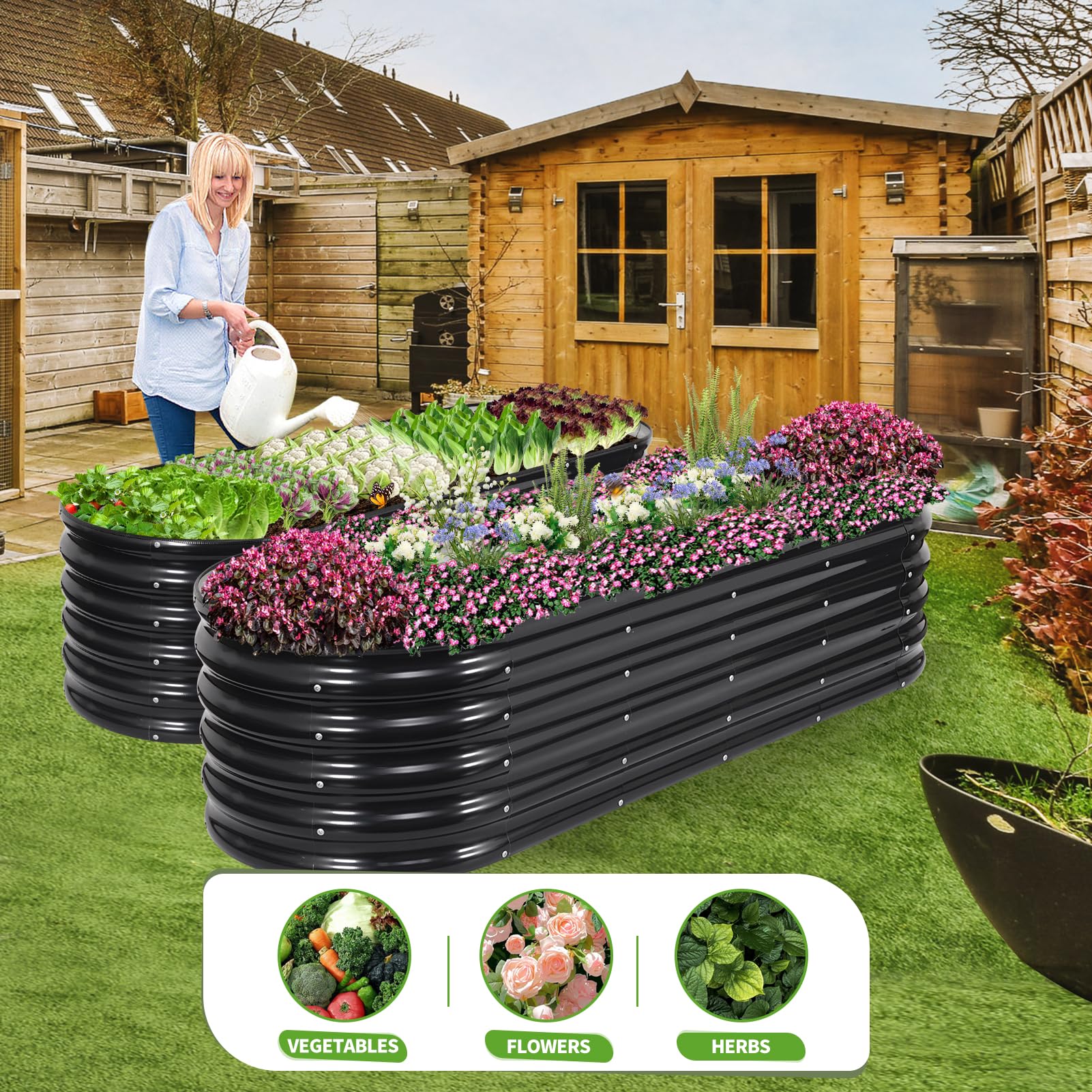 Cama de jardín elevada galvanizada para Exteriores, Camas elevadas para jardinería, Caja de macetero de Metal, Kit de Cama de jardín elevada de Acero con Borde de Seguridad y Guantes para