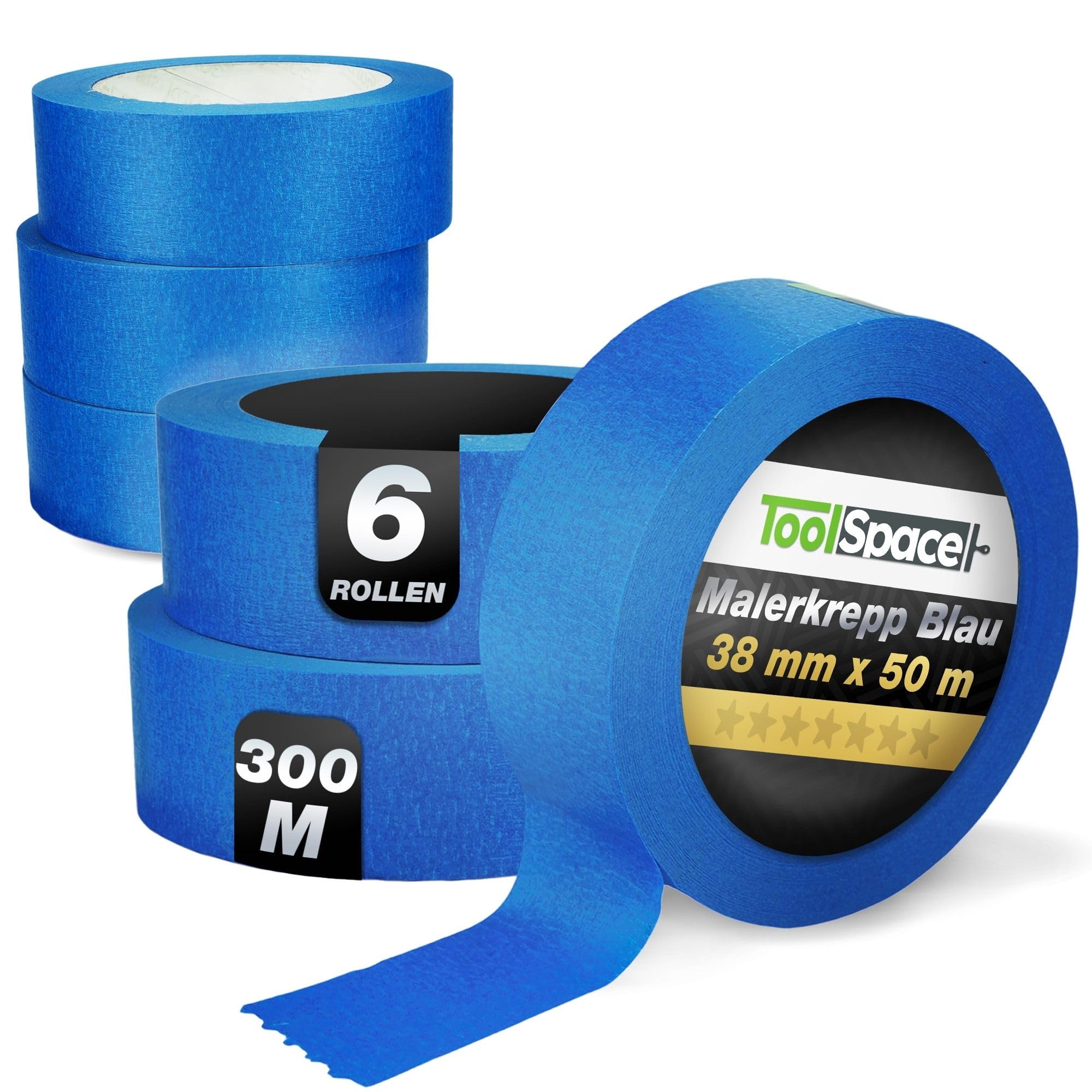 ToolSpace Nastro Carta Blu con Adesivo per Decorazioni - Scotch en Rotoli 38 mm / 50 m per Biancare Mascheratura Precisione - per Pittura Verniciatura Ristrutturare - 6 x 150 m Applicatorecarta