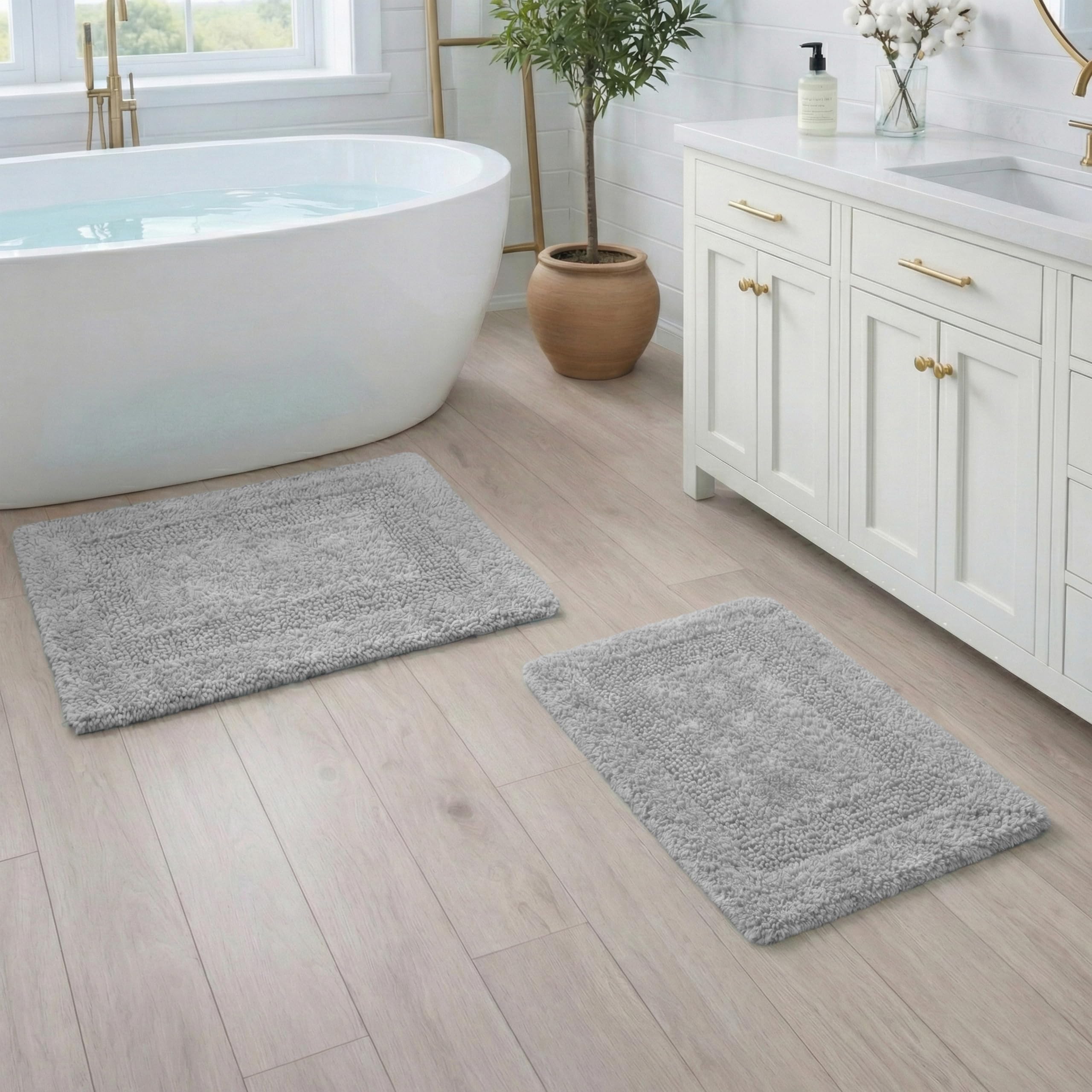 Cotton Reversible Bathmat Rug Set of 2, 21x32/17x24 Inches - Light Grey, Luxury Dual Flip Ultra Soft Washable Bath Rugs Ideal for Hotel Quality, Spa