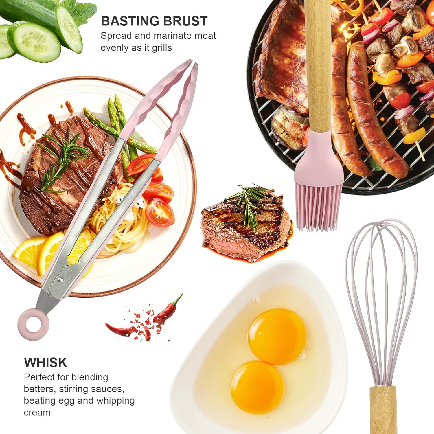 Silicone Cooking Utensils Kitchen Utensil Set - 446°F Heat Resistant Silicone Kitchen Utensils Set, Spatula,Turner Tongs, Spoon, Brush, Whisk,Kitchen Gadgets for Nonstick Cookware, BPA Free (Pink)