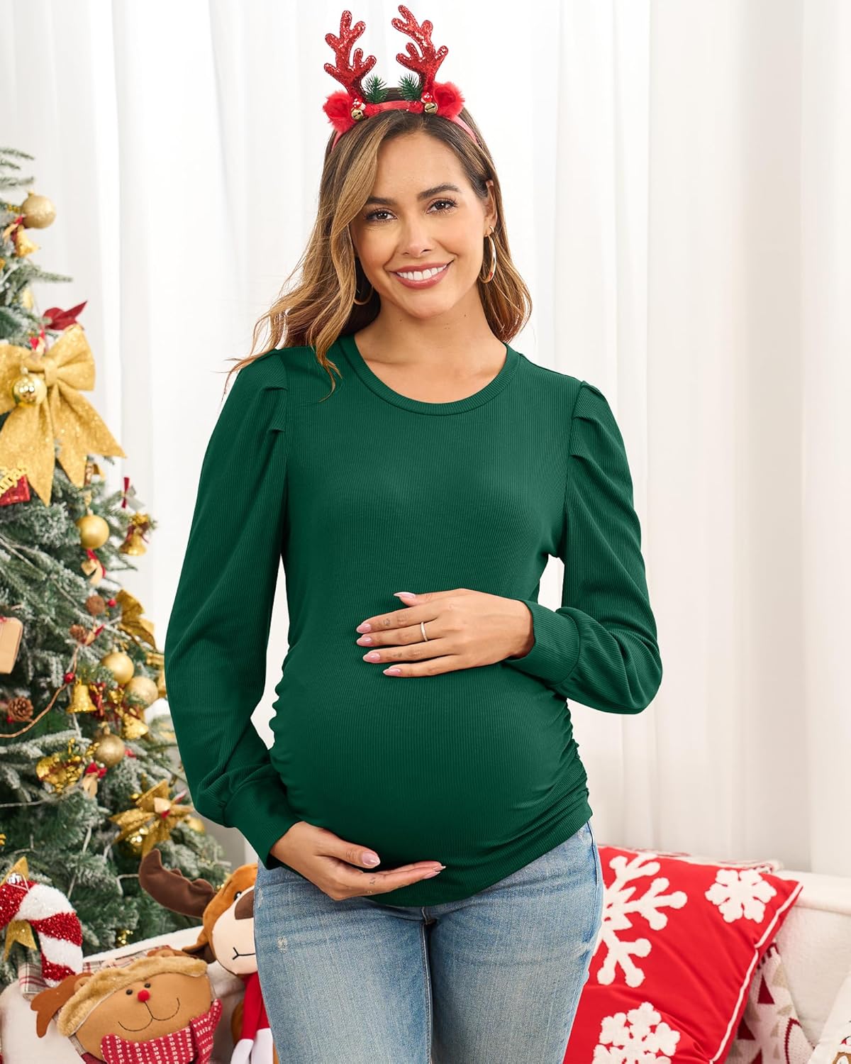 Onedreamer Women's Maternity Shirts Puff Sleeve Round Neck Tunic Top Casual Pregnancy Clothes - Image 3