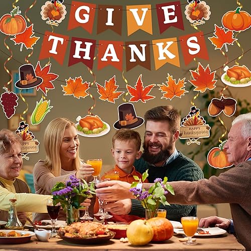 Miniatura 4 de Decoraciones de Acción de Gracias, 42 piezas de decoraciones de fiesta de Acción de Gracias incluyen pancarta de agradecimiento con remolinos
