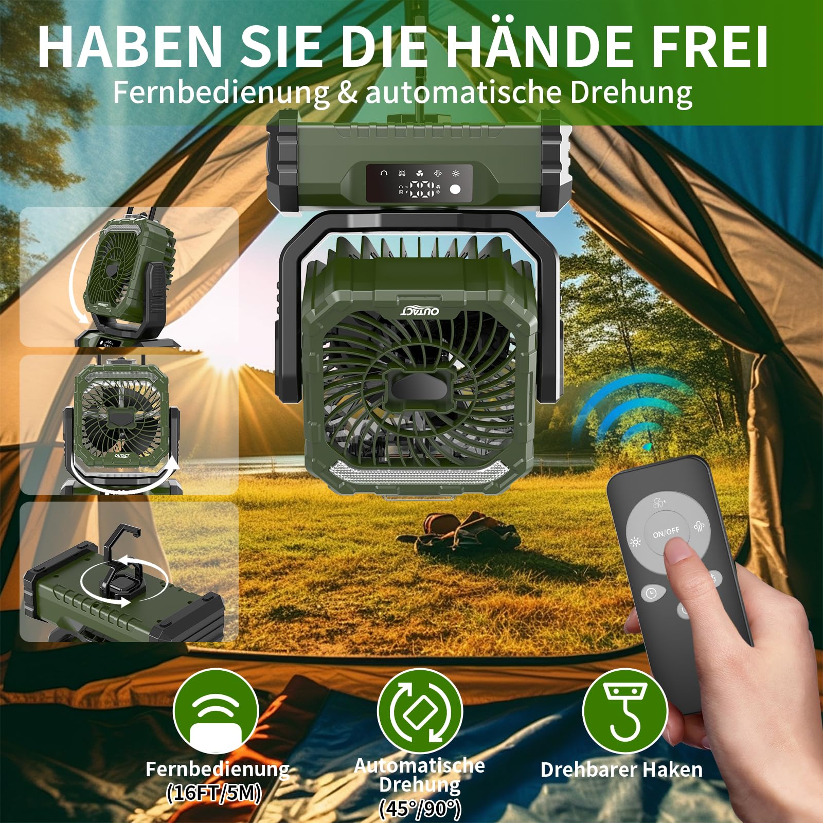 Ventilator Camping mit Sprühnebel, Akku Ventilator 20000mAh mit LED Licht, Haken, 270° Drehung, Tragbarer V-entilator für Outdoor-Enthusiasten beim Camping und Grillen - Grün