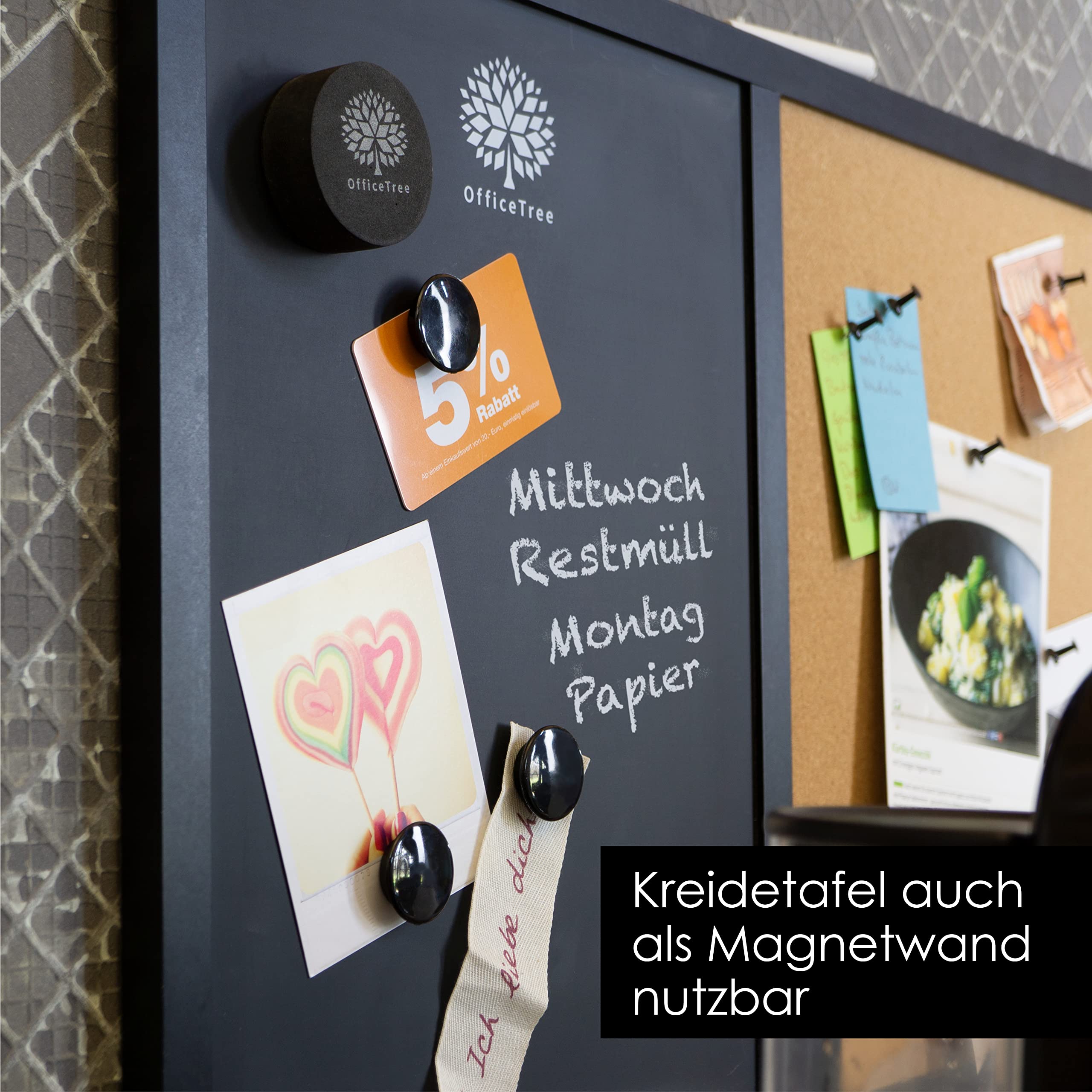 OfficeTree Kombitafel 60 x 40 cm - Magnettafel Küche mit Kreidetafel und Pinnwand Kork - To Do Tafel Küche - Notiztafel Magnetisch - Als Magnet Pinnwand mit Zubehör