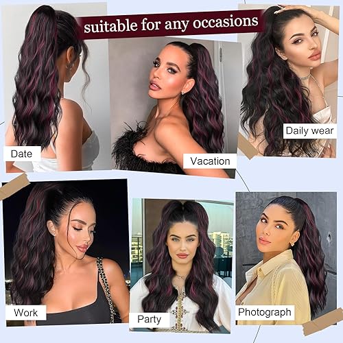 Miniatura 4 de Extensión de cola de caballo de 22 pulgadas, color negro mixto burdeos, extensión de cola de caballo larga ondulada con cordón para mujer, extensión