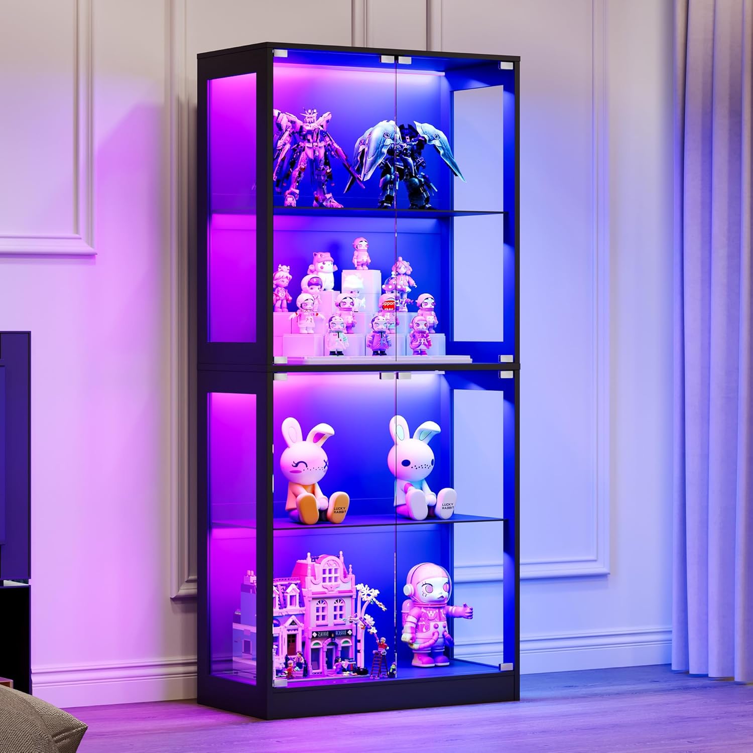Jocisland display cabinet with glass doors showing RGB lighting and collectibles