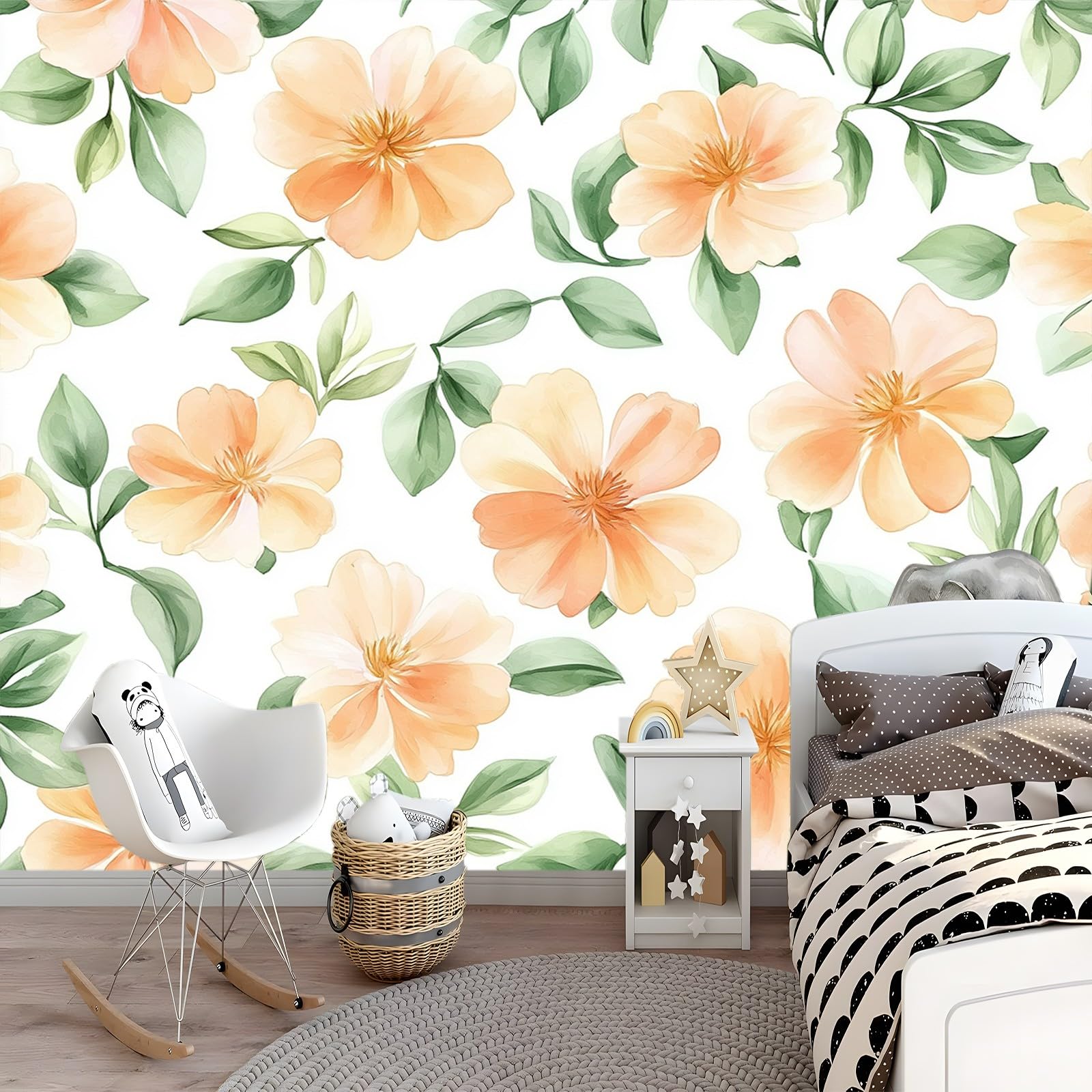 Tapeta 300 x 210 cm Akwarelowane Botaniczne kwiaty brzoskwini Żółty Zielony Malowidło Tapety Na Fototapety Sypialnia Salon