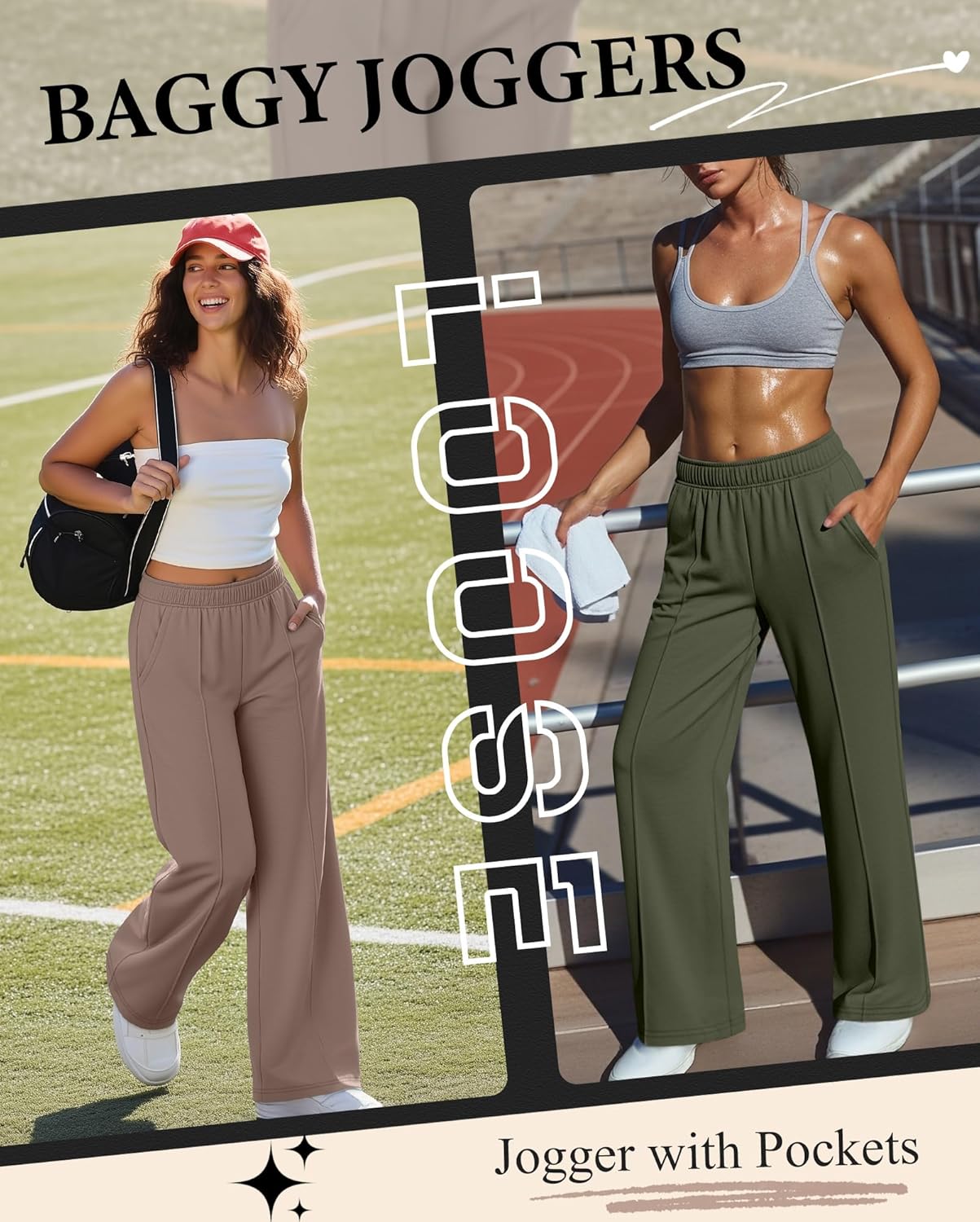 Neer 3 Pack Women's Wide Leg Sweatpants Baggy High Waist Straight Yoga Pants Open Bottom Jogger with Pockets(Black, Army Green, Khaki,Large) - Image 4