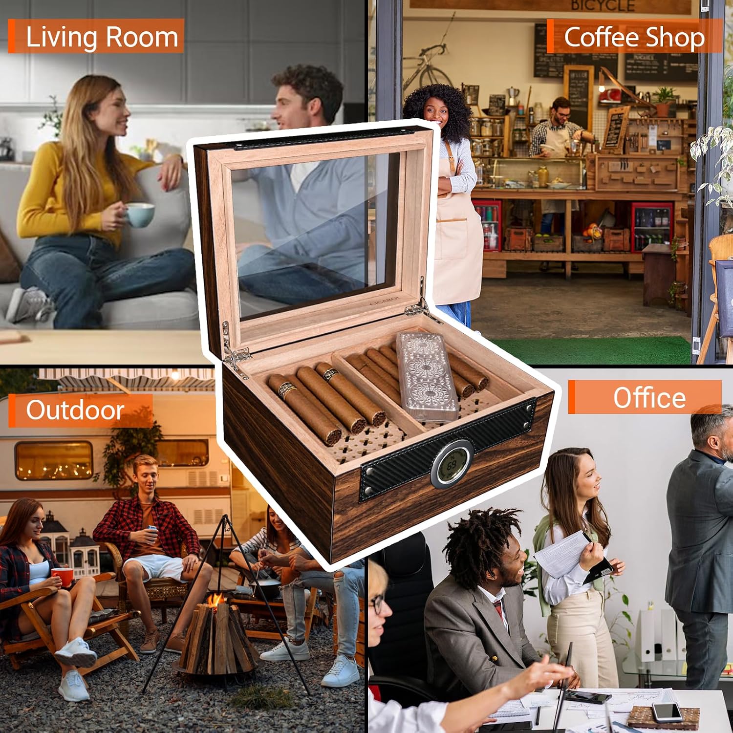 Cigar Humidor with Glass Top & Spanish Cedar Wood, Desktop Humidor with Digital Hygrometer, Humidifier, Removable Divider, Holds 70-75 Cigars, Air Tight Seal, Gift for Men