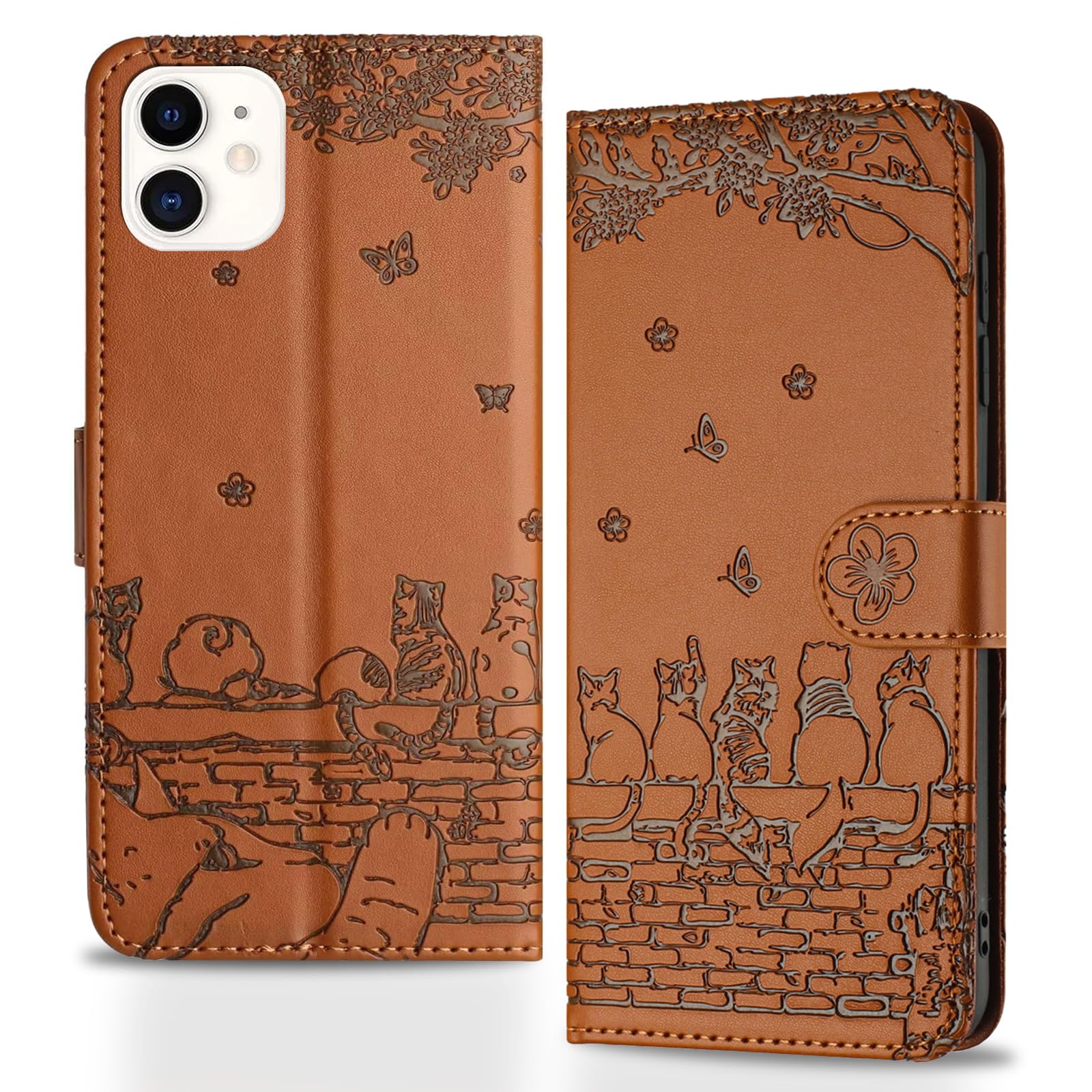 Butnyeoe Handyhülle für iPhone 12/iPhone 12 Pro,Zaunkatzen Klappbar Hülle,Geprägtes PU Leder Wallet Schutzhülle Tasche Flip Case,Magnetische Klapphülle mit Kartenfach Standfunktion,Braun