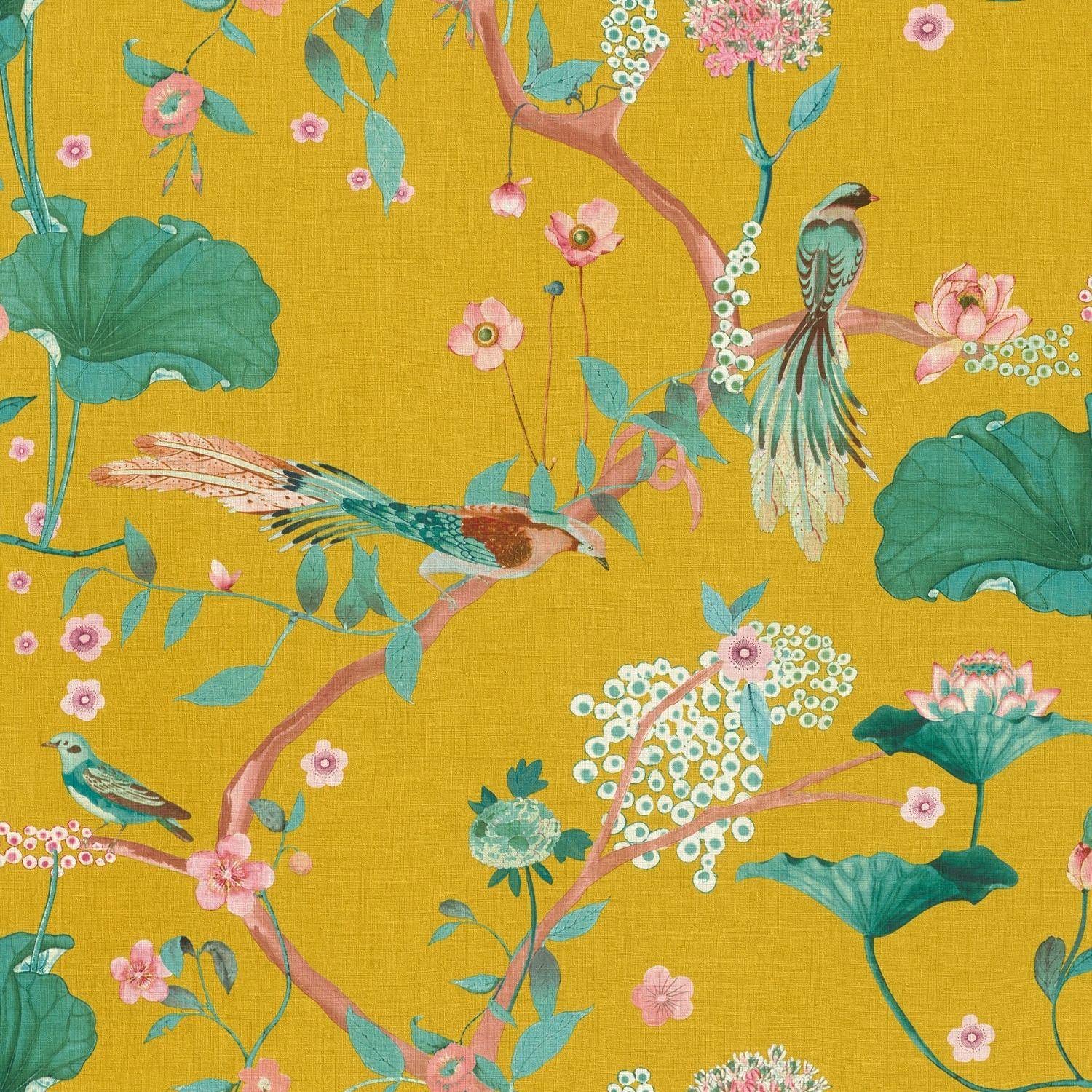 Yöl Yellow Oriental Wallpaper Chinese Garden Textured Heavy Duty Vinyl Feature Wall