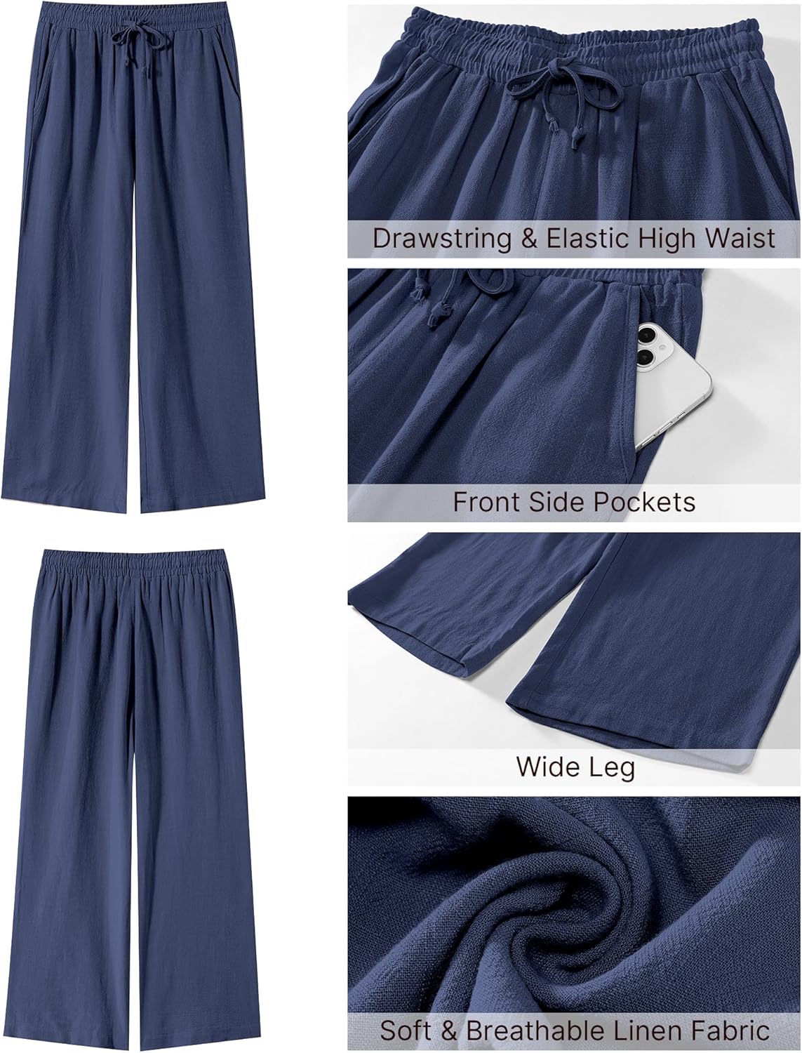 GRAPENT Linen Pants for Women High Waisted Wide Leg Capri Elastic Waist Casual Beach Flowy Cropped Summer Capris Pants - Image 6