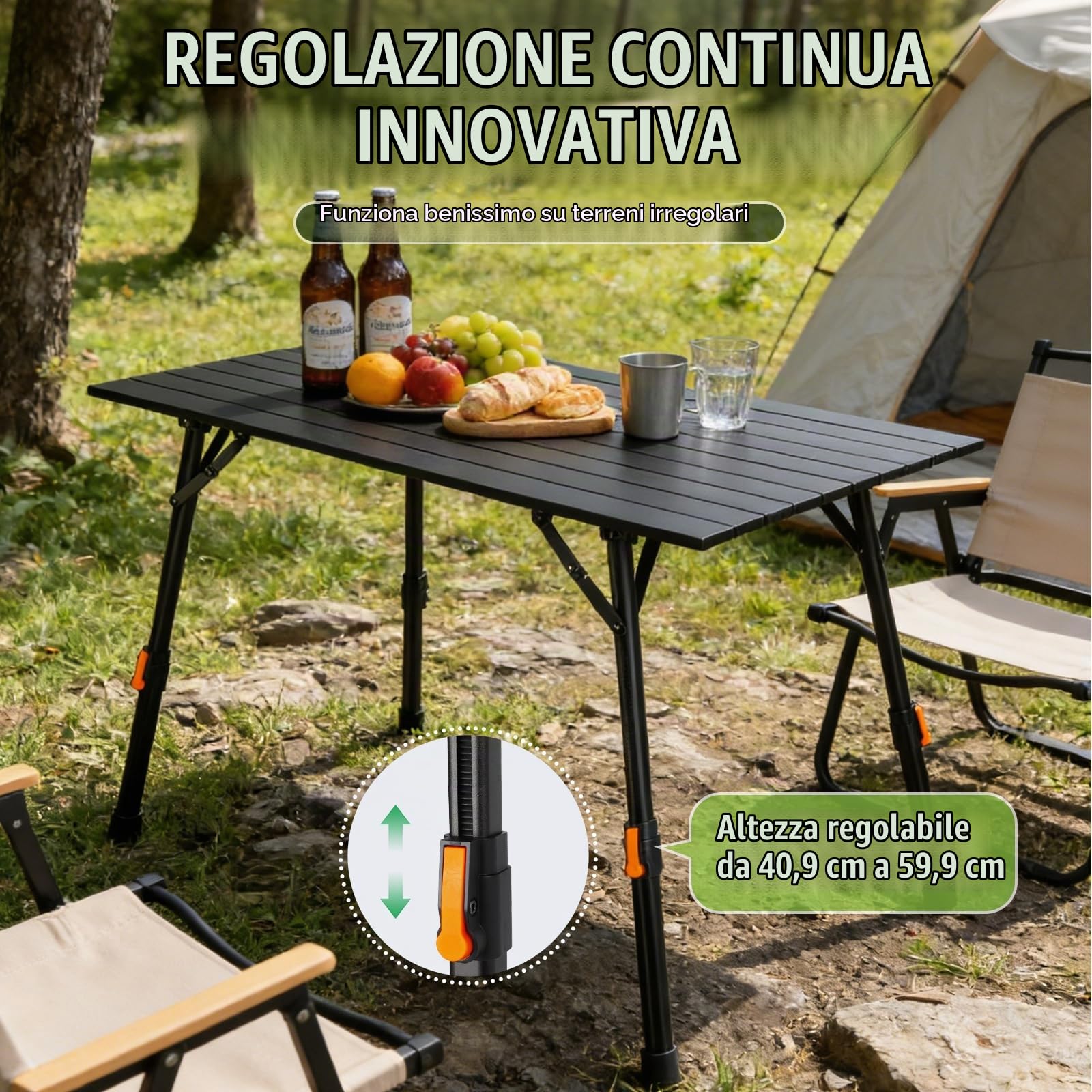 Tavolo Pieghevole da Campeggio Tavolino Pieghevole da esterno Nessun Montaggio Richiesto Tavolo Pieghevole in Lega di Alluminio con Gambe Regolabili in Altezza in Modo Continuo 95cm*52cm