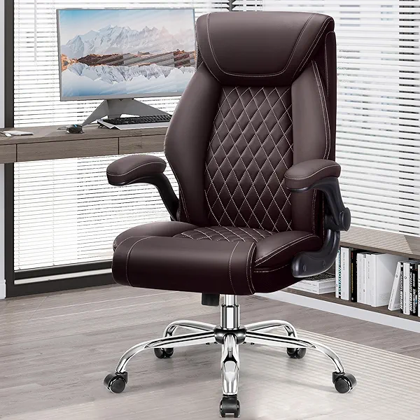 Office Chair, Ergonomic High Back Home Office Desk Chair, Big and Tall Breathable Leather Office Chair with Lumbar Support Flip-Up Armrests, Computer Chair with Rocking Function Coffee Witho