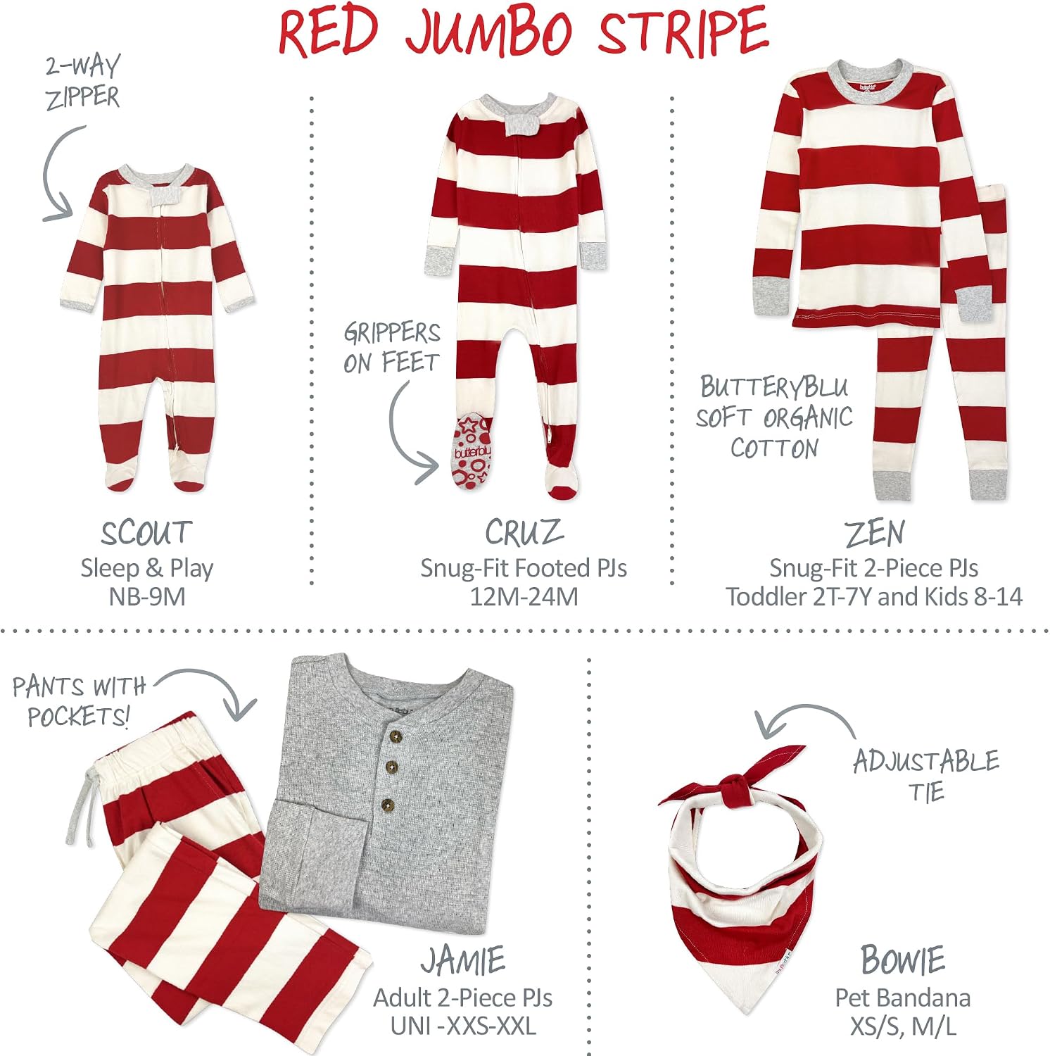 Butterblu JAMIE Matching Family Jammies Christmas Pajamas Organic Cotton PJs Womens, Mens, Kids, Toddlers, Baby, Pets