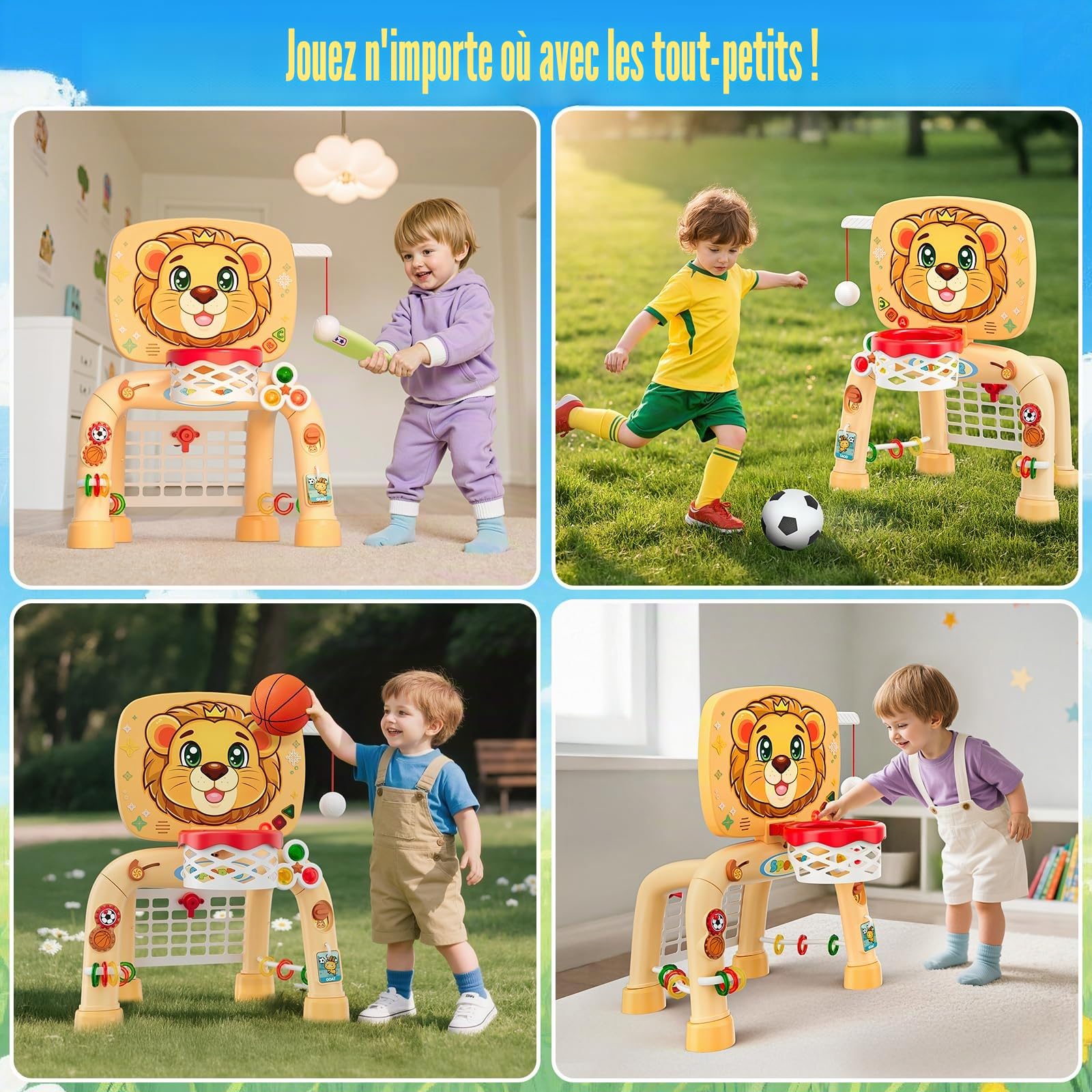HYES 3 en 1 Enfants Panier de Basket avec Football Baseball, Basketball Stands avec Football Gate, Mini Panier Basket Activités d'apprentissage Jouets Cadeau pour Bébé Garçon Fille Intérieur Extérieur