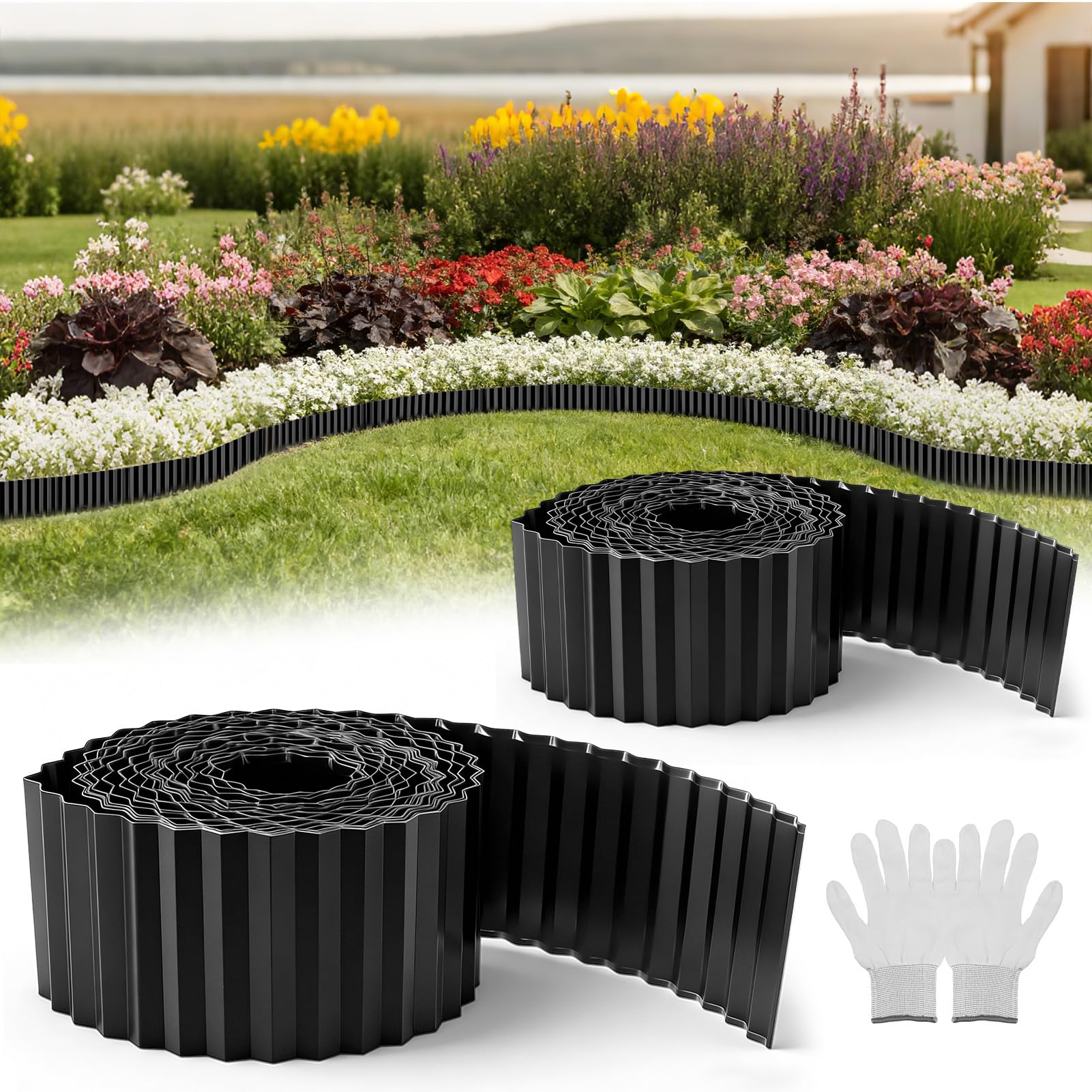 10m Rasenkante aus Verzinkt Stahl 2 Stück, Rasenkanten 15cm Höhe Beeteinfassung Gewellte, Beetumrandung aus Metall, Mähkante Beetbegrenzung Flexible für Garten, Wetterbeständig Schwarz