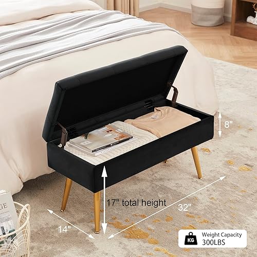 Miniatura 3 de Banco de almacenamiento moderno, banco de entrada, banco otomano tapizado de terciopelo para el pie de la cama, reposapiés con patas doradas, 32