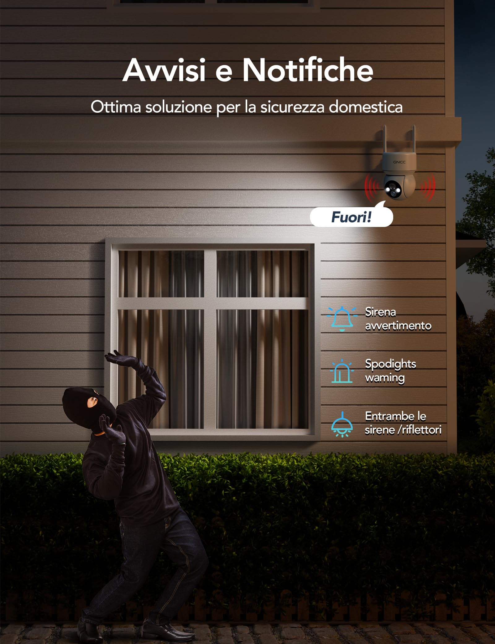 GNCC Telecamera WiFi Esterno Senza Fili con Pannello Solare, 2MP Videocamera Sorveglianza Esterno a Batteria 5200mAh, Rilevamento PIR/Umano, 360° PTZ, Visione Notturna a Colori, Audio Bidirezionale