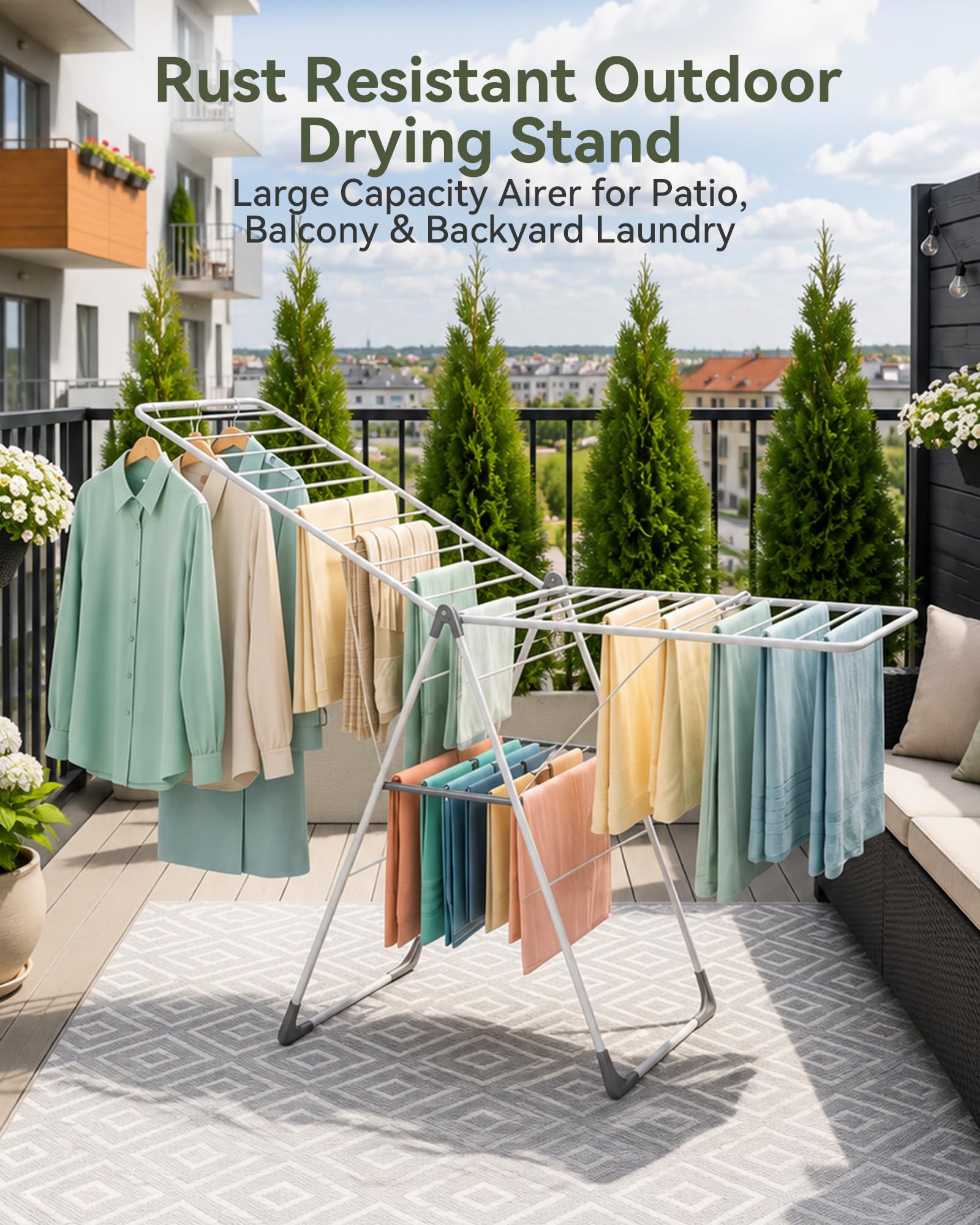 APEXCHASER Étendoir à linge pliable en métal robuste, réglable en hauteur, facile à plier et peu encombrant, pour intérieur et extérieur, blanc