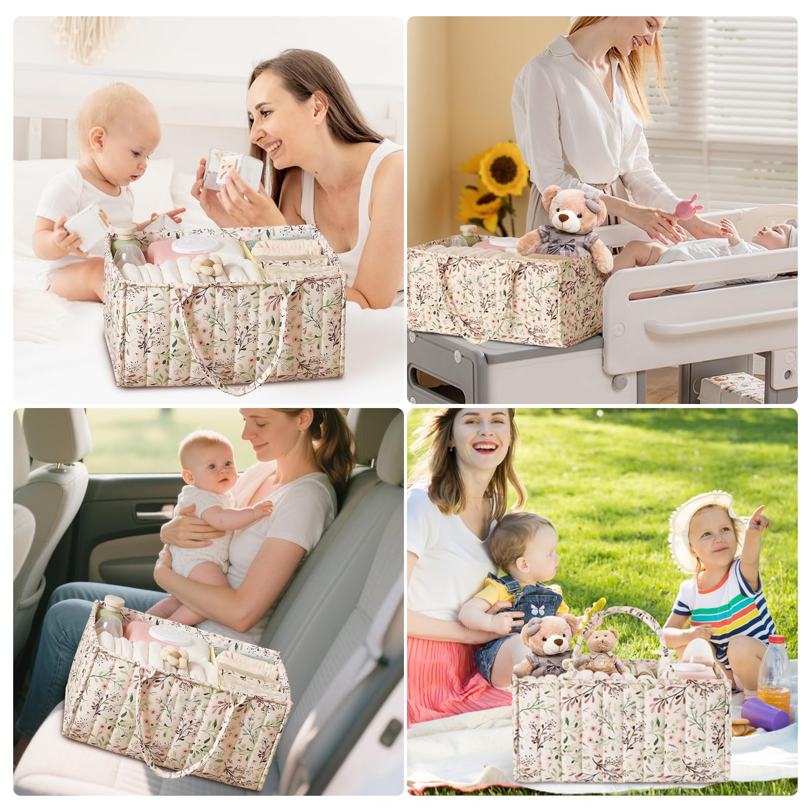 Organisateur de Couche Bebe, Panier Rangement Bébé avec Compartiment Amovible, Panier Table a Langer Bebe Pour Lingettes et Articles, Motif Floral, Poignée Portable, Cadeau pour Naissance-né